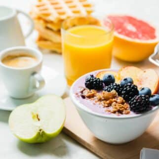 healthy breakfast foods on table.