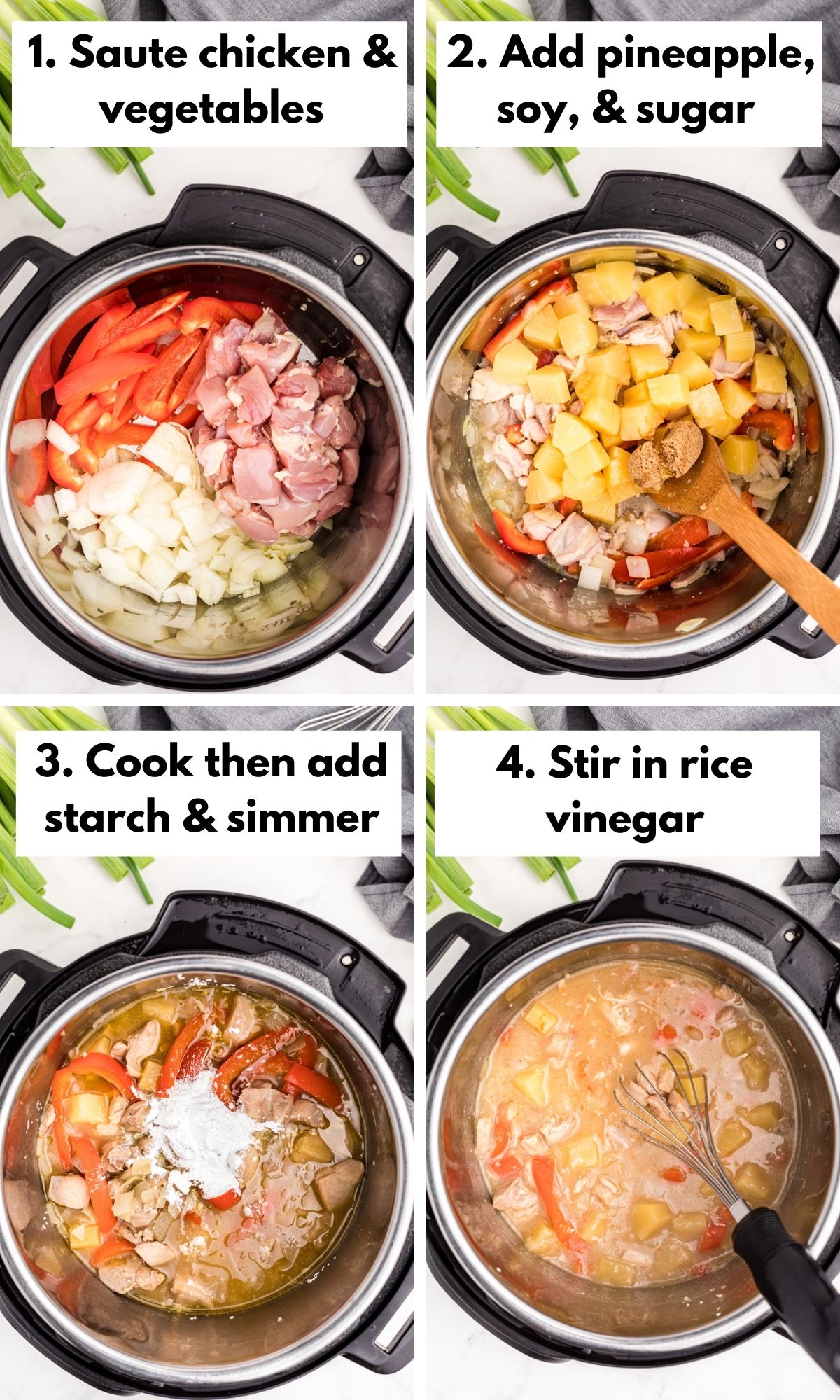 collage with photos on how to make instant pot pineapple chicken.