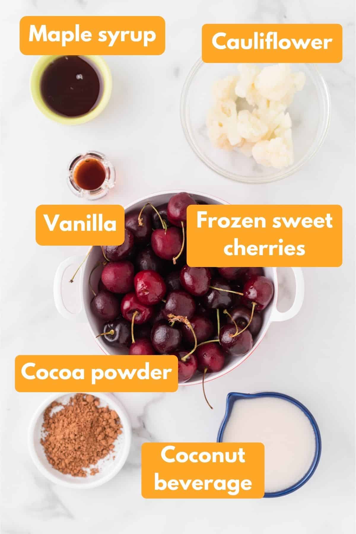 ingredients for a chocolate cherry smoothie