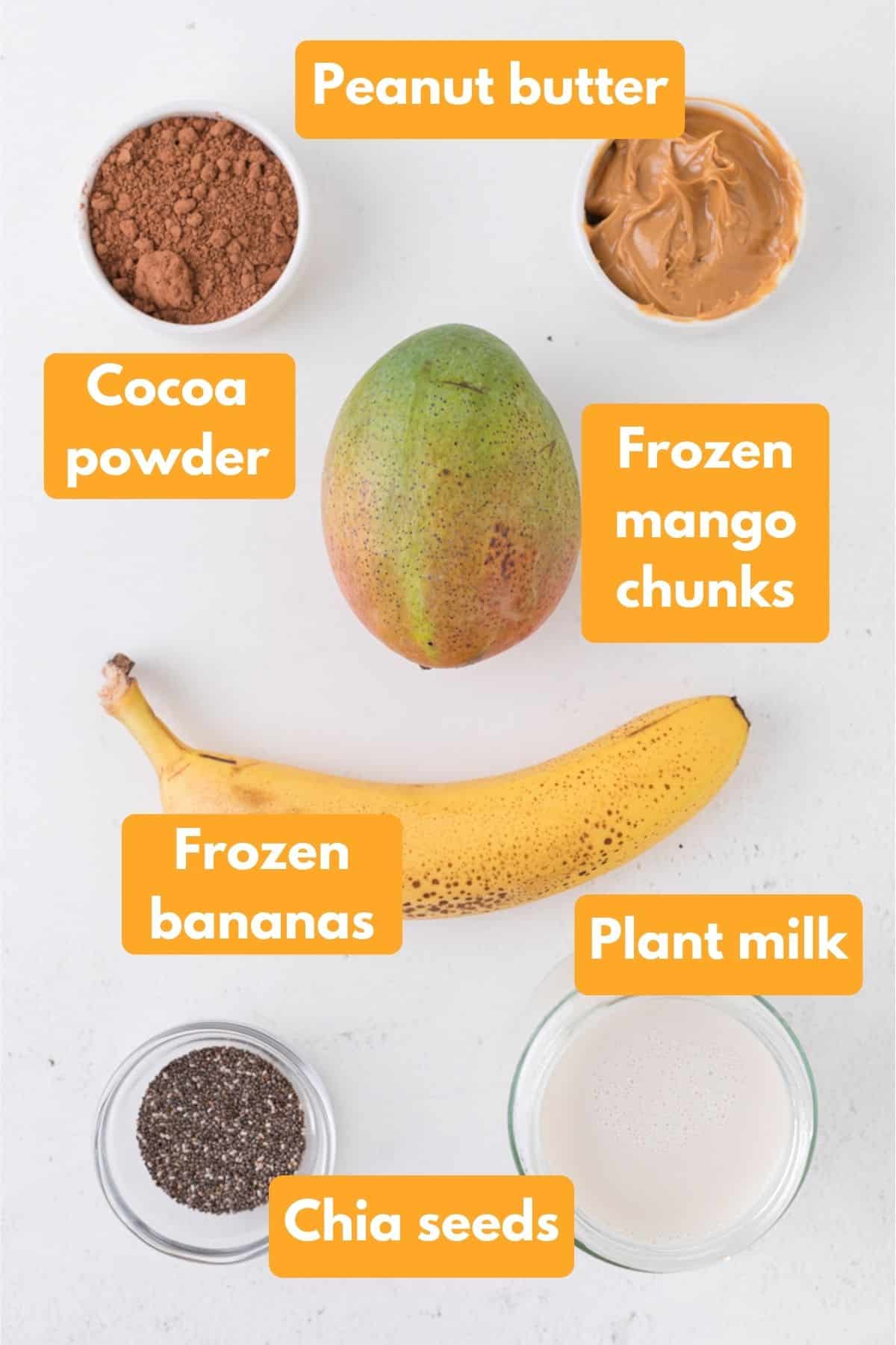 ingredients for a chocolate smoothie bowl