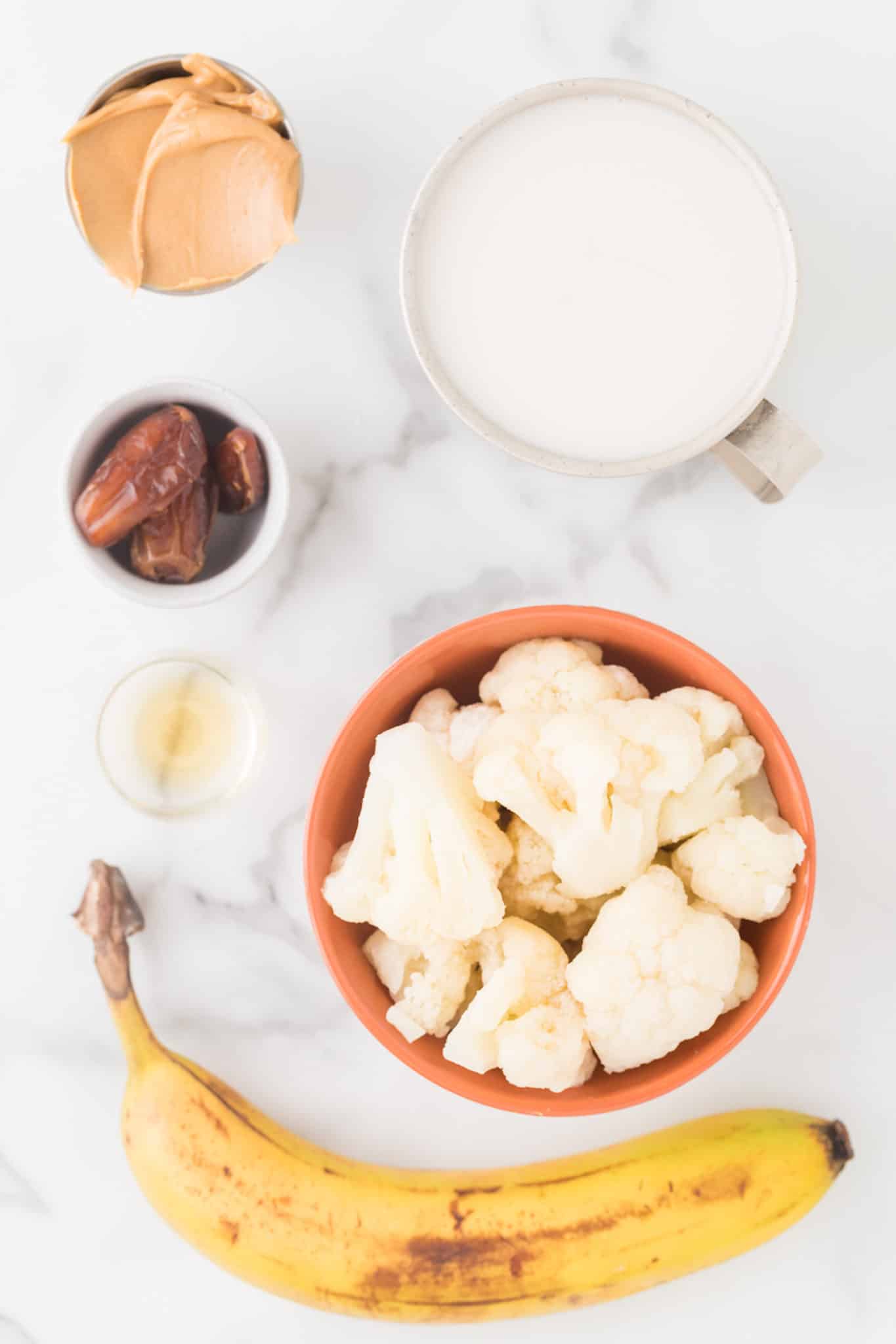 ingredients for peanut butter smoothie with cauliflower