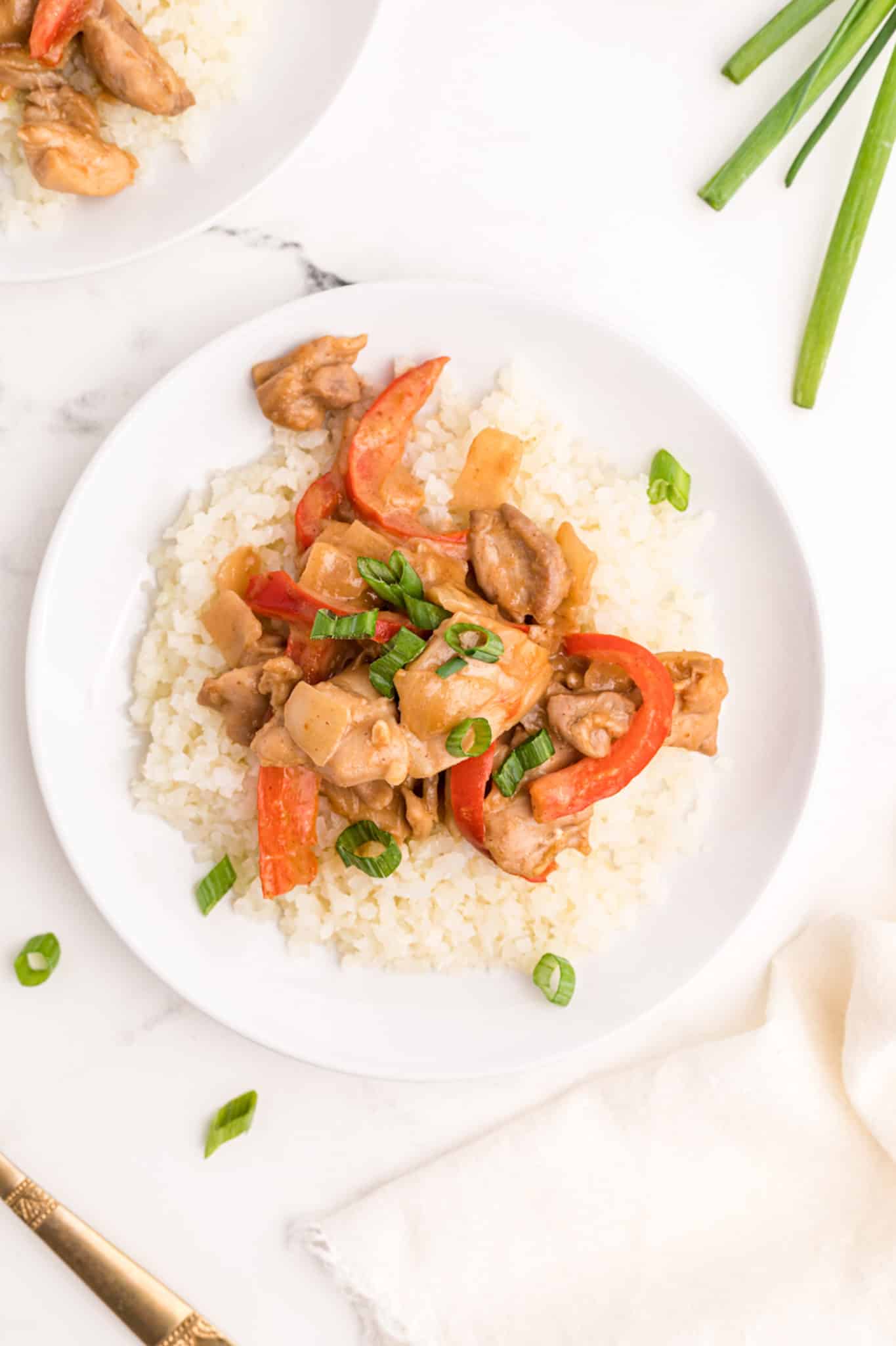 peanut chicken with rice and vegetables