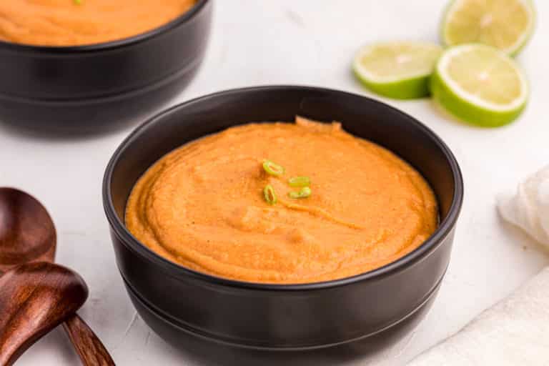 peanut butter soup in black bowl