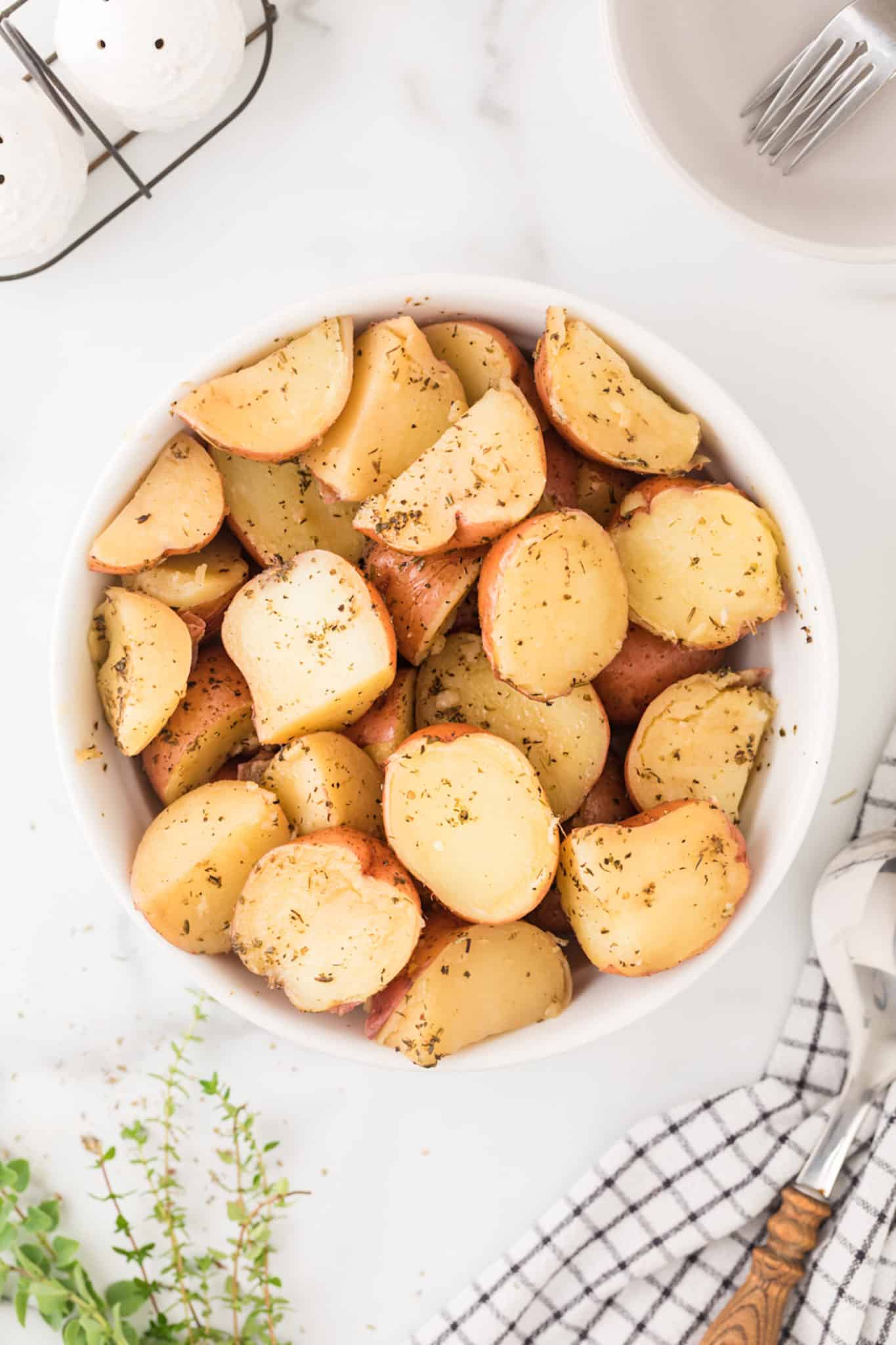 bowl of roasted red potatoes.