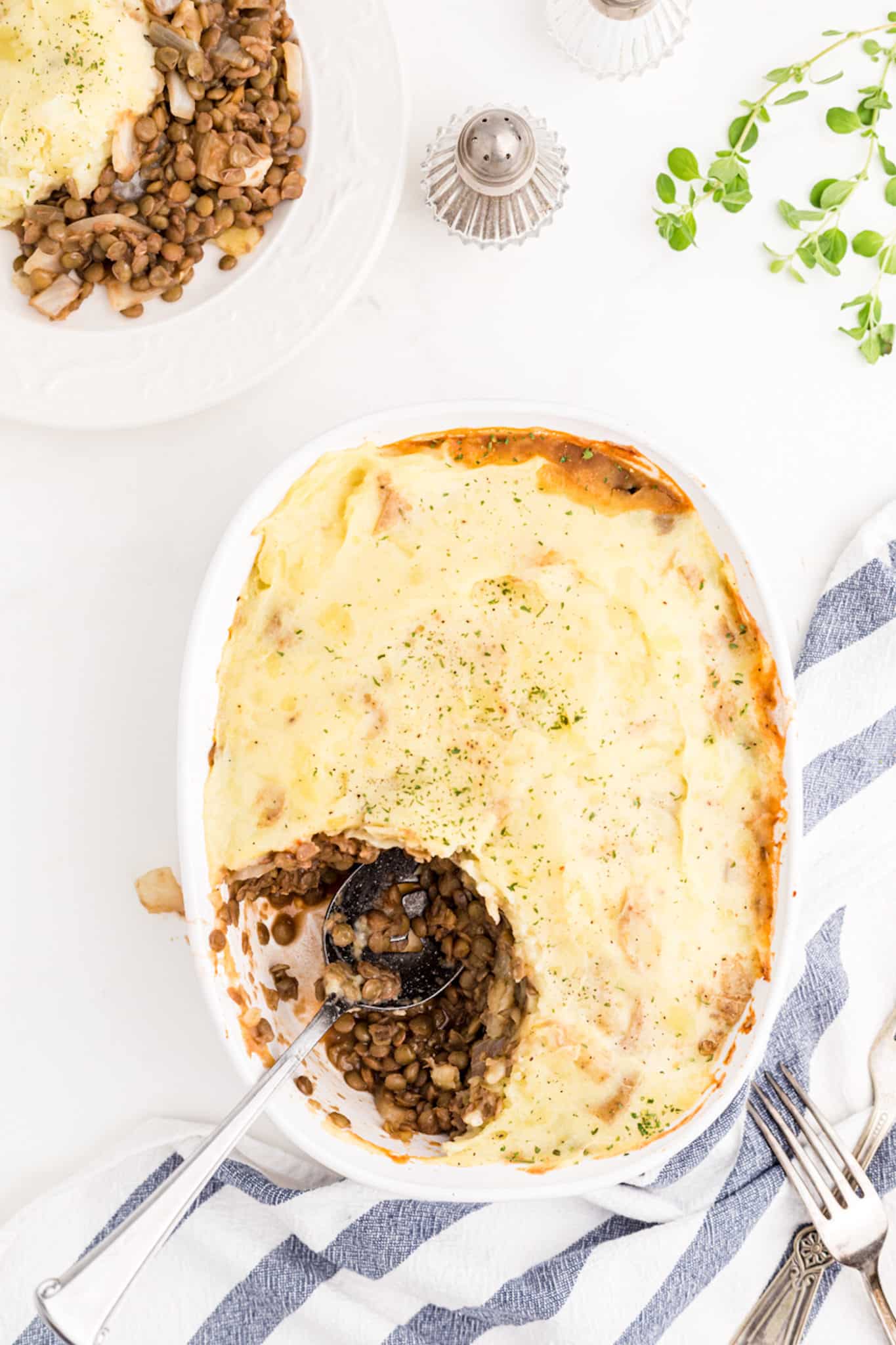 cooked shepherd's pie with lentils on a tabletop.