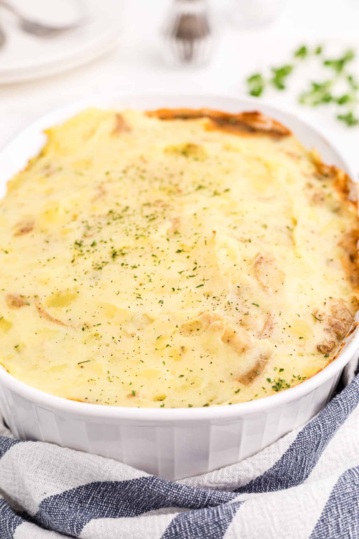 vegan shepherd's pie in a serving dish.