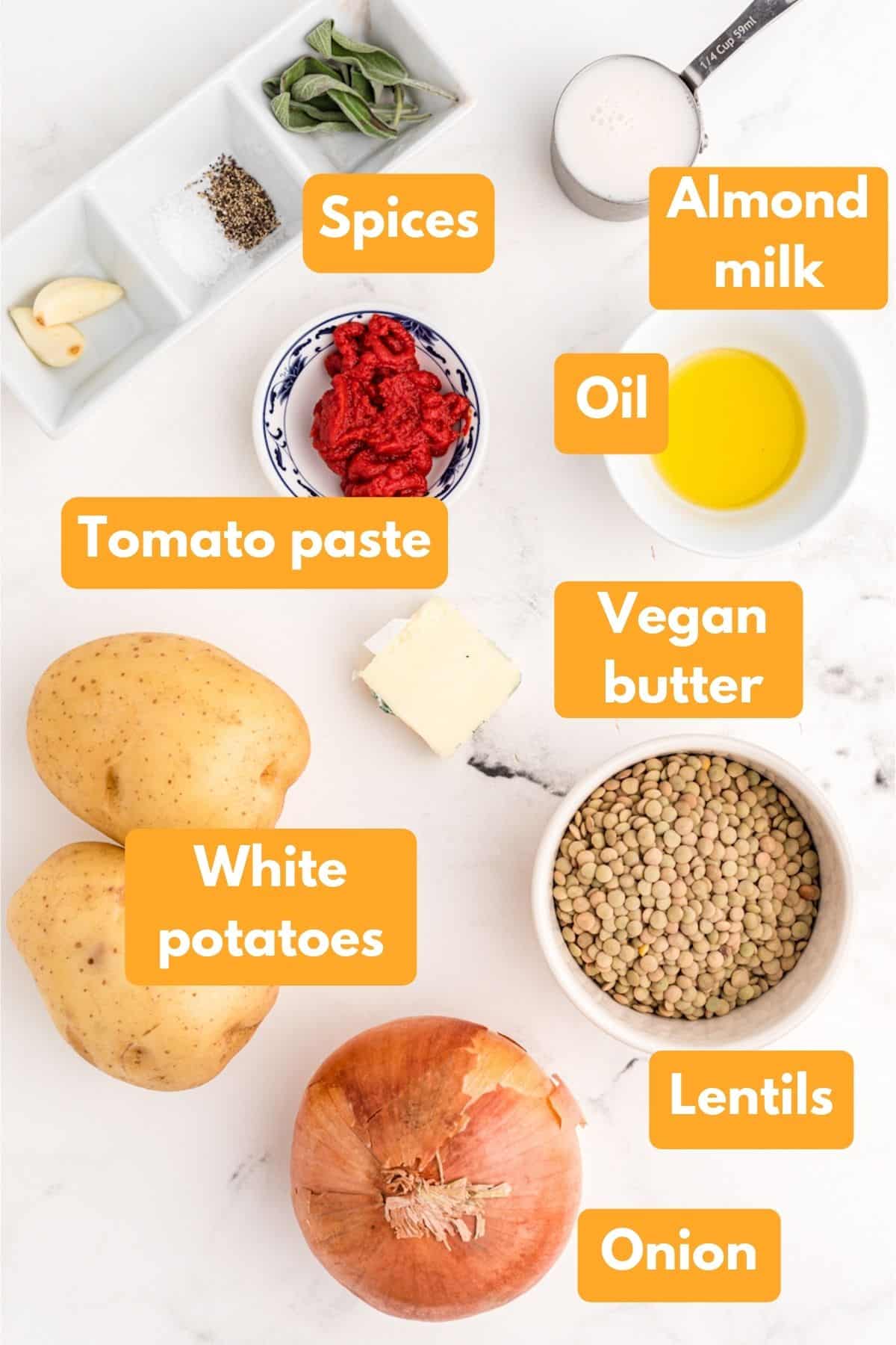 ingredients for vegan shepherd's pie with lentils.