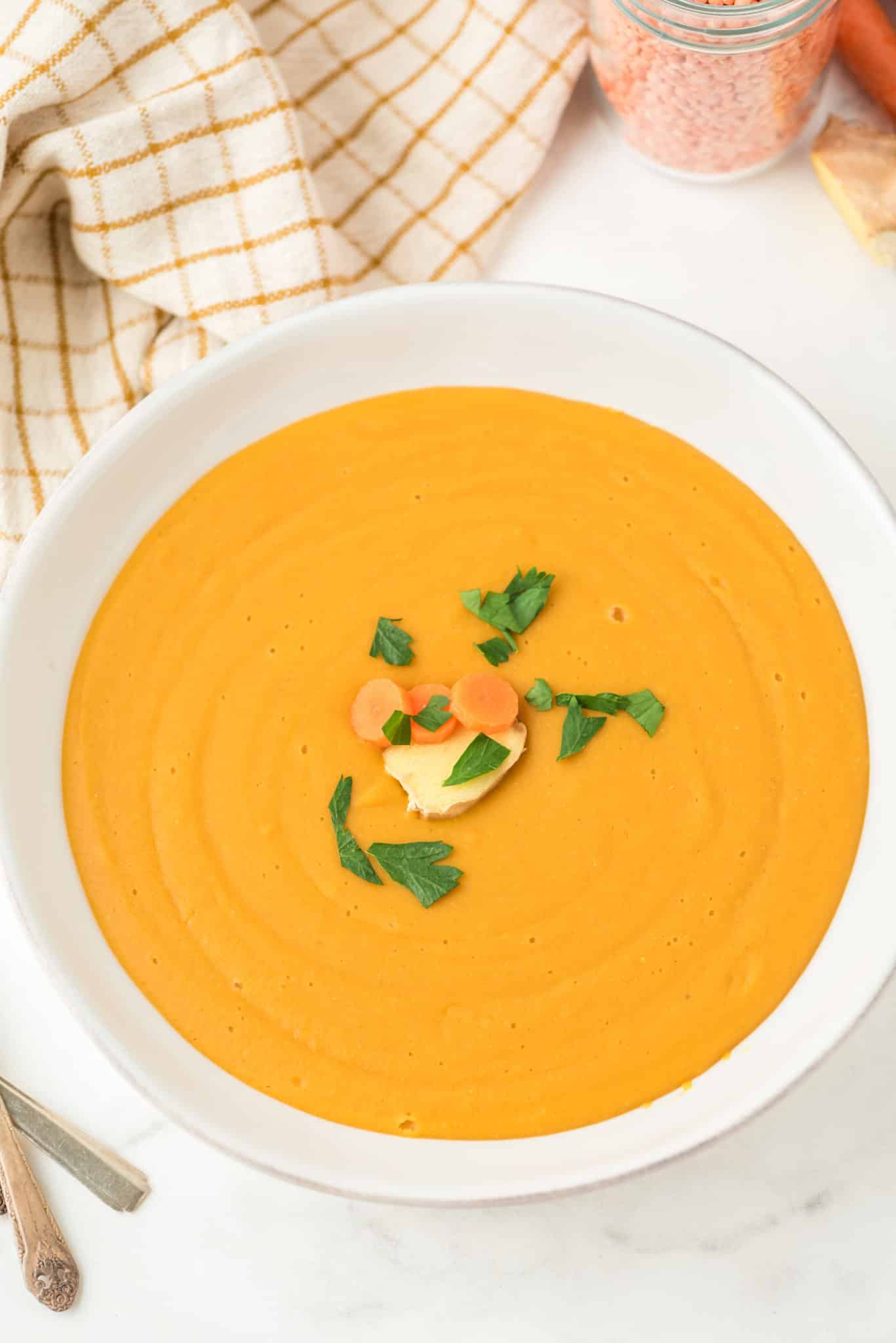bowl of orange carrot soup.