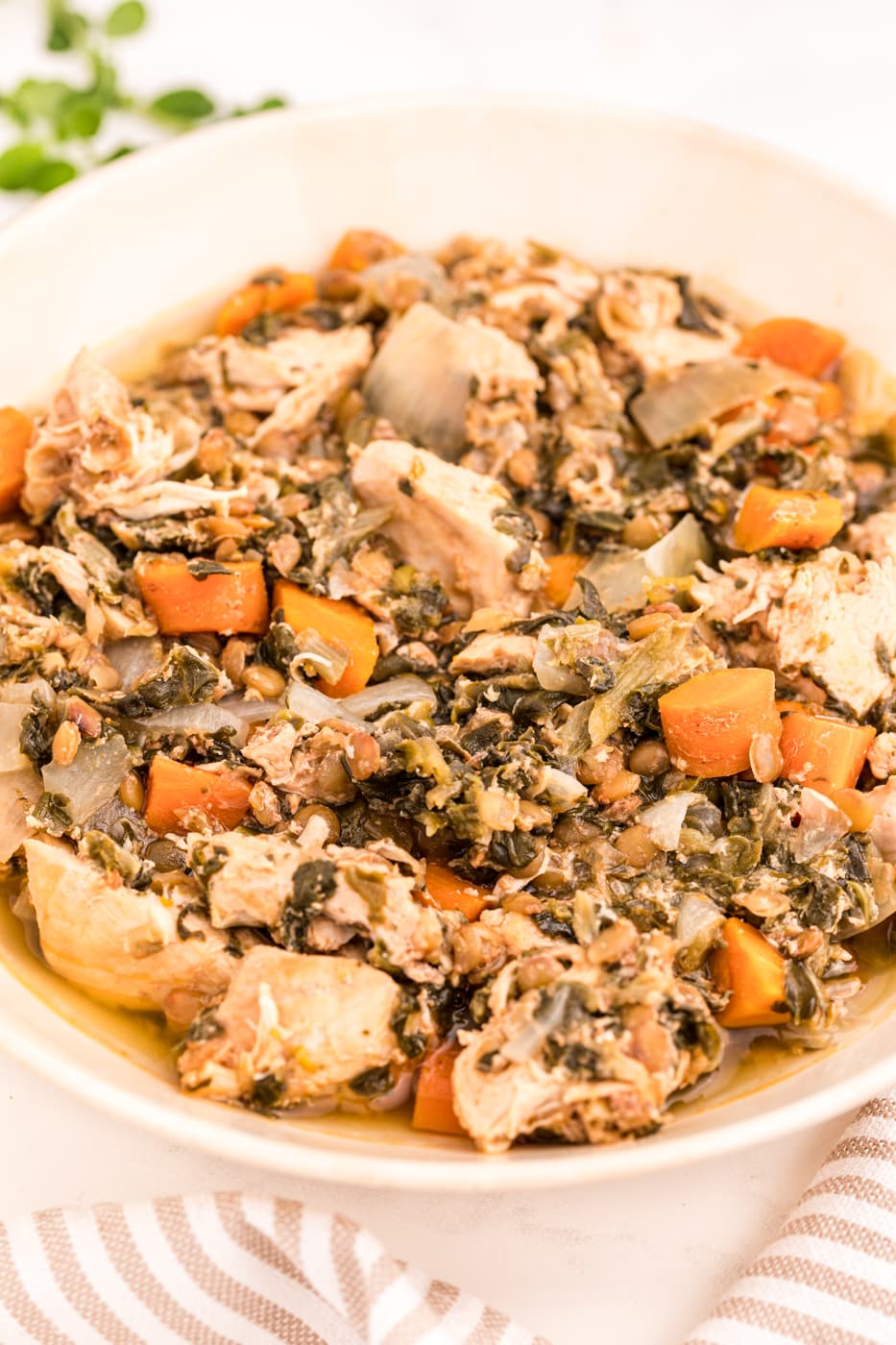 bowl of cooked chicken stew with spinach.