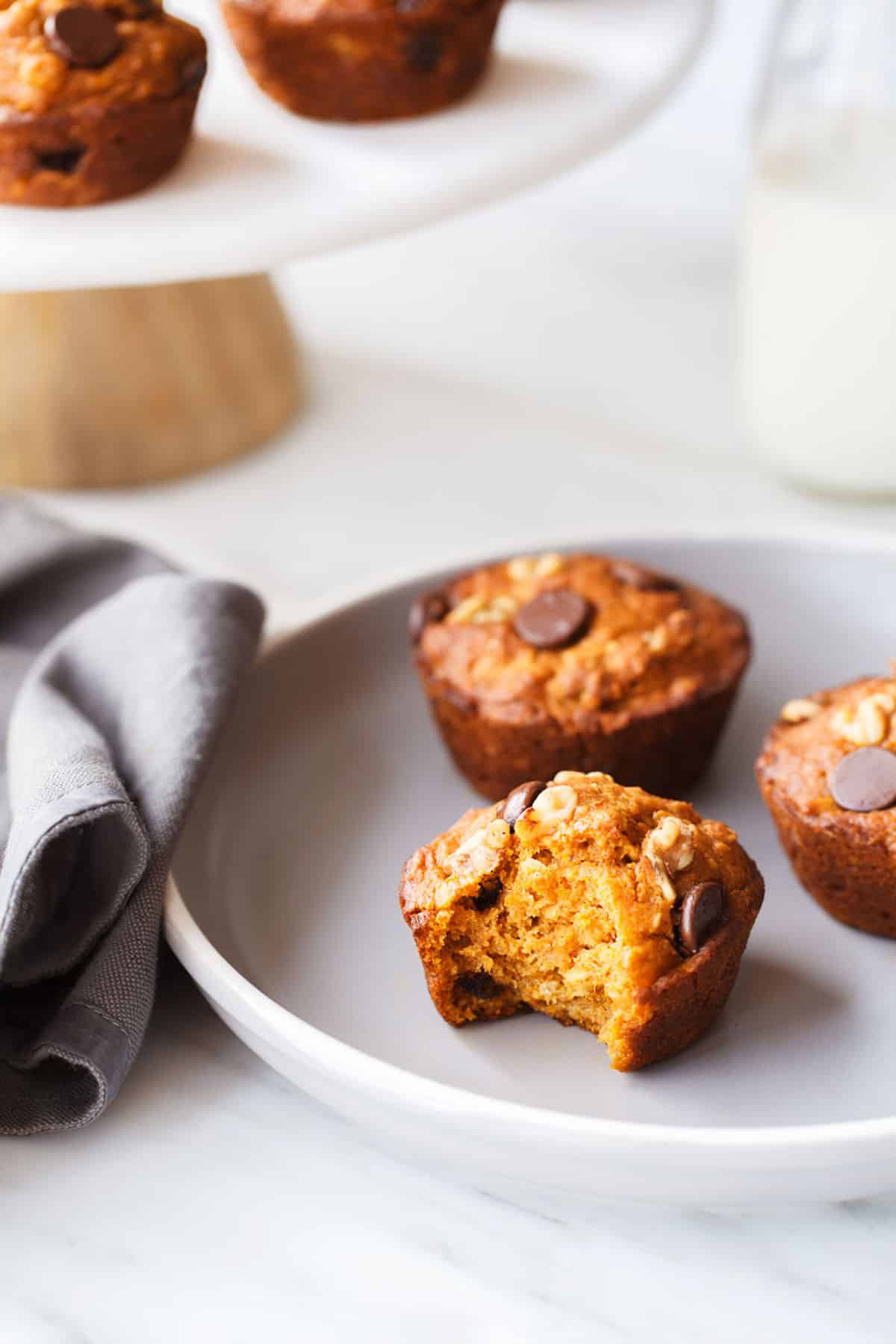 sweet potato muffins served on a plate with milk