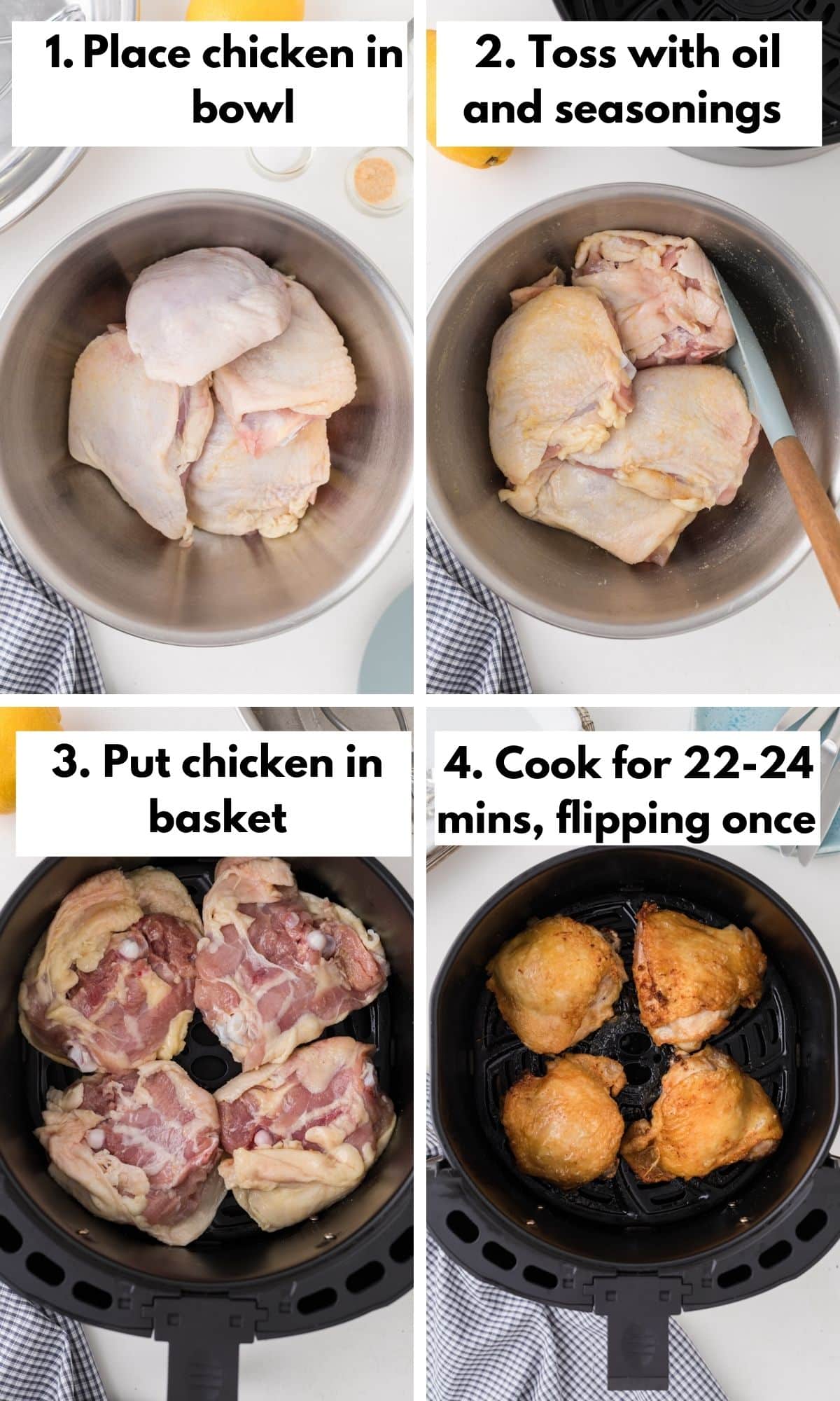 collage with how to make air fryer chicken thighs.
