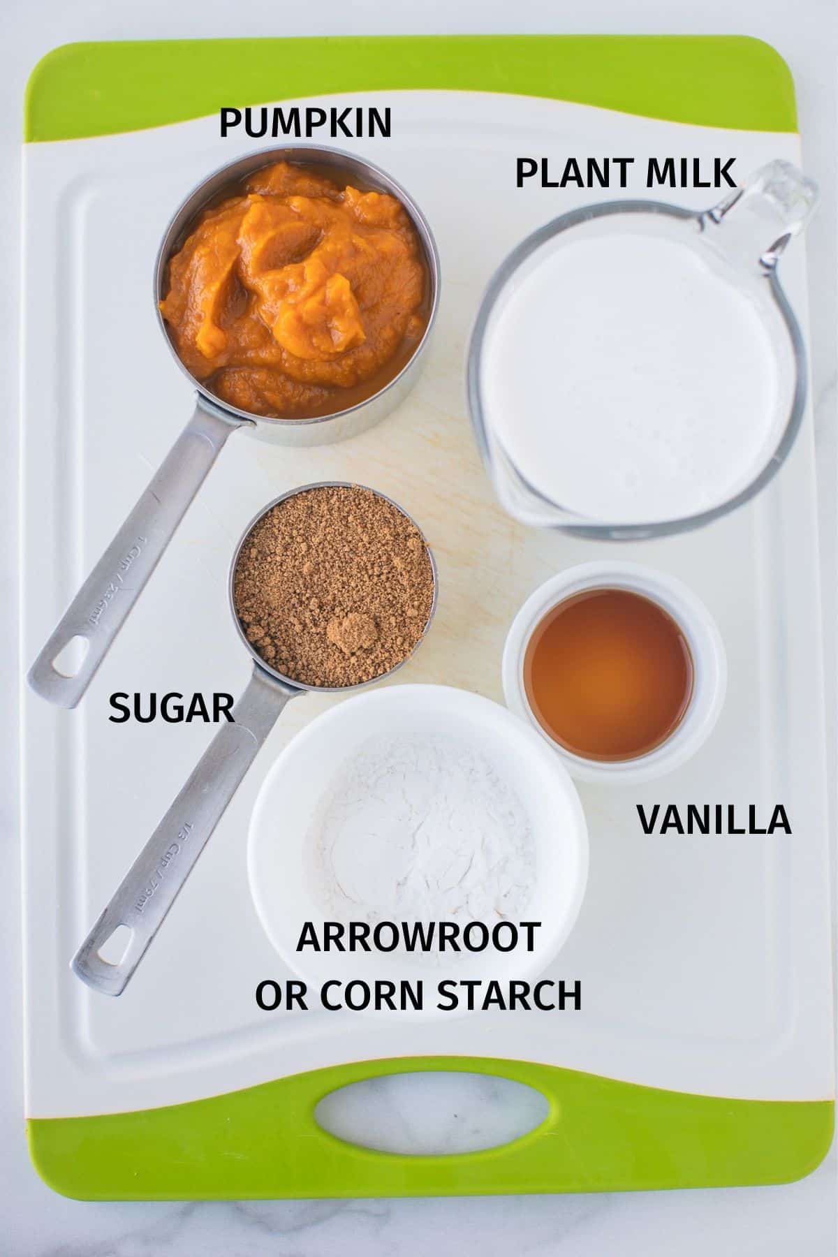 labeled photo with ingredients for vegan pumpkin pudding.