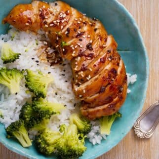 air fried teriyaki chicken in bowl.