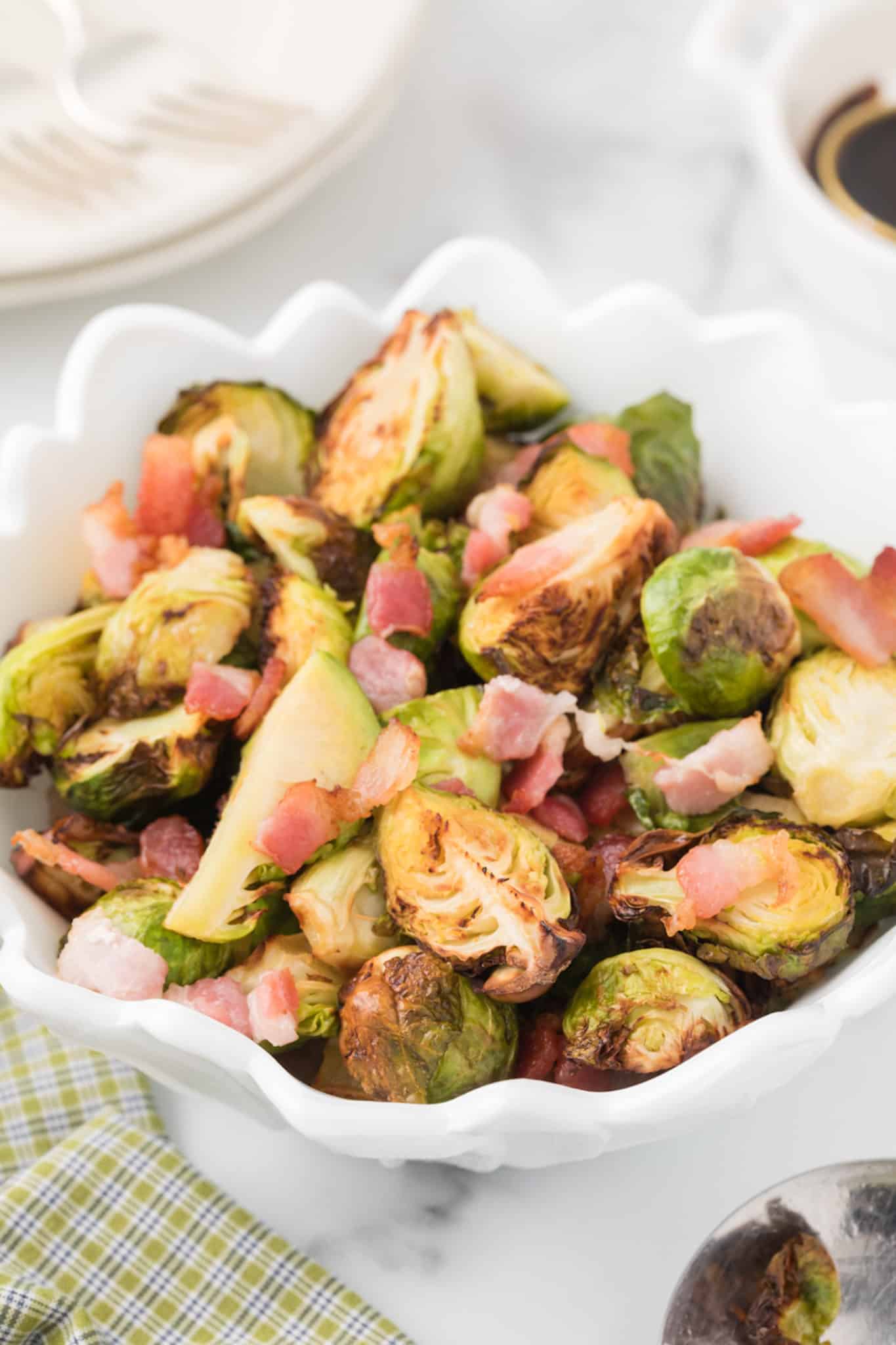 bowl of air fryer brussel sprouts with bacon