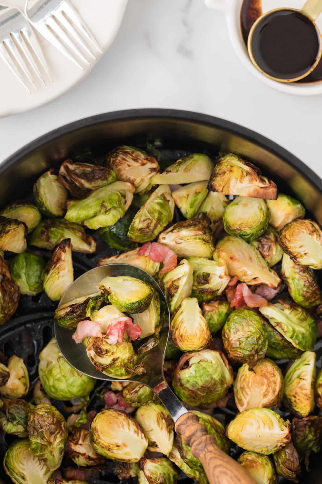 cooked brussel sprouts in air fryer basket