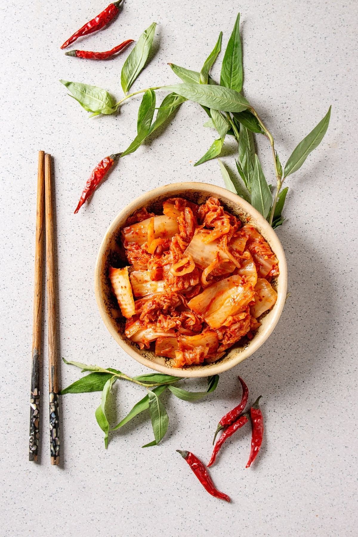 bowl of kimchi on table.