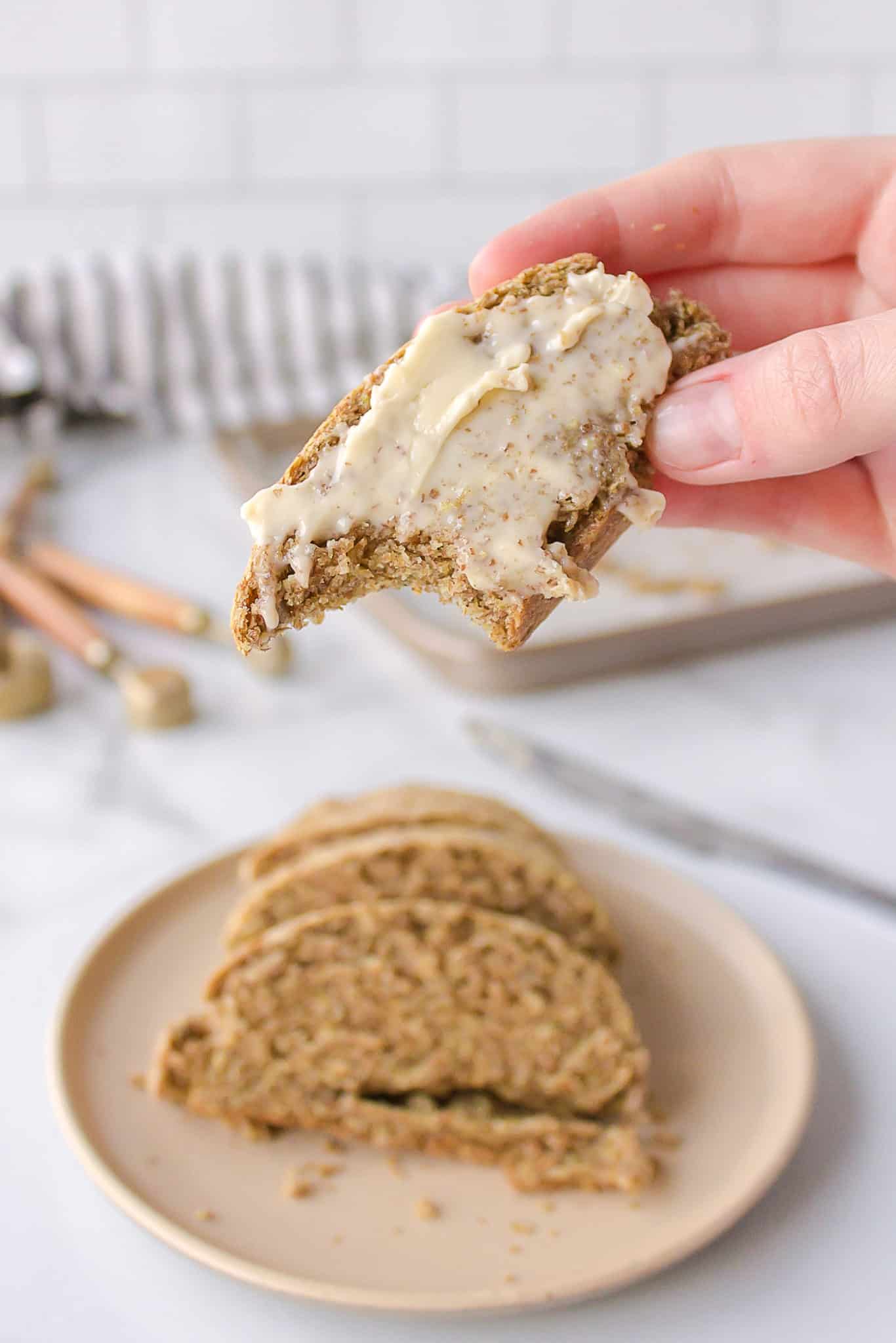 a slice of buckwheat bread with butter.