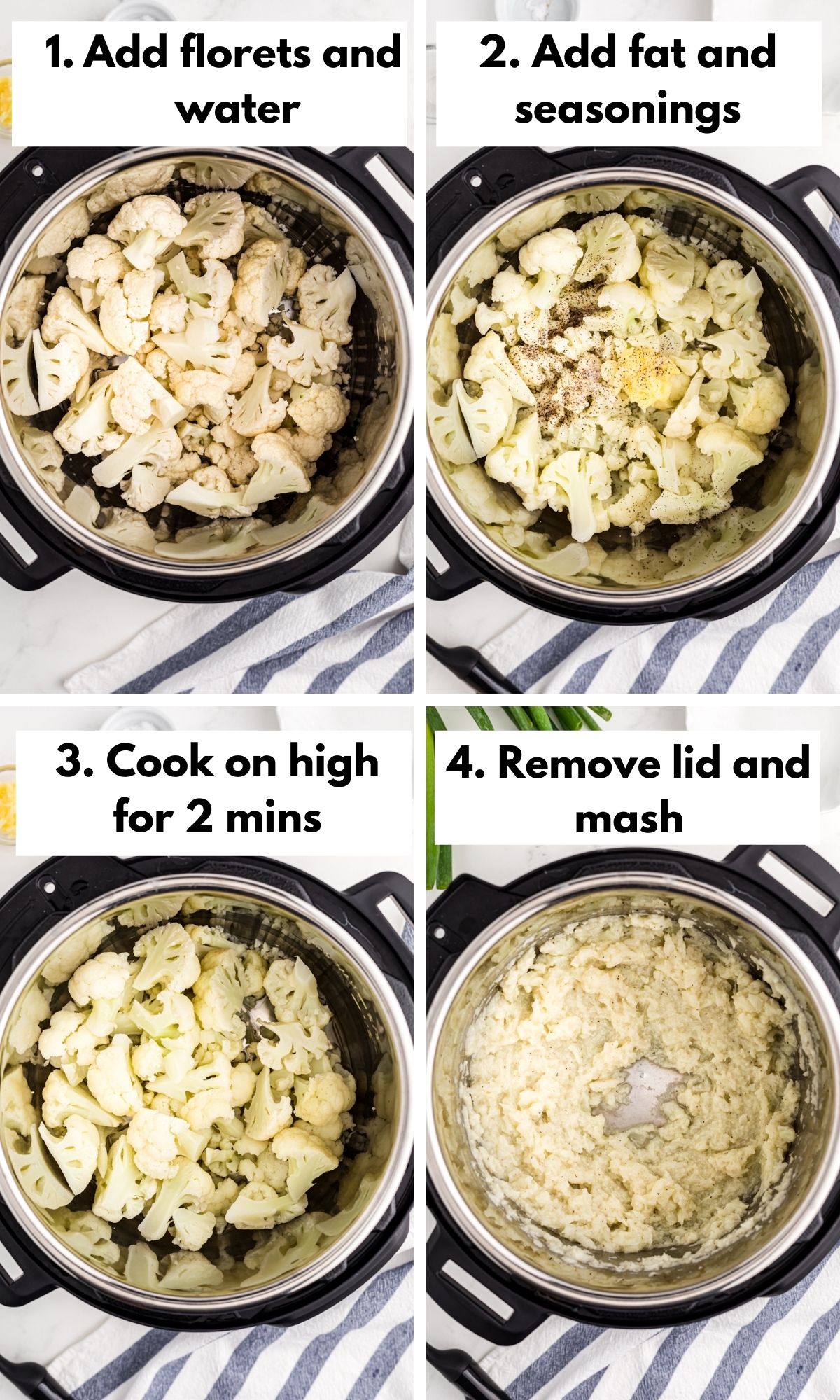 collage photo with how to make instant pot mashed cauliflower.