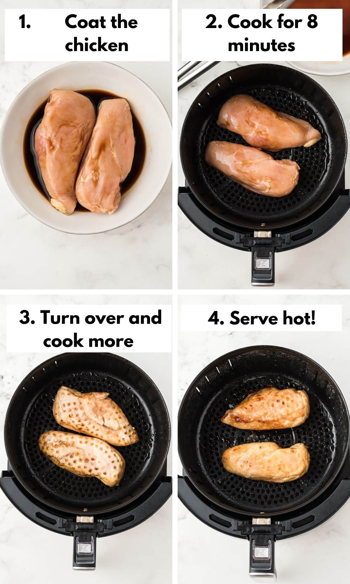 collage with photos on how to cook air fryer chicken.