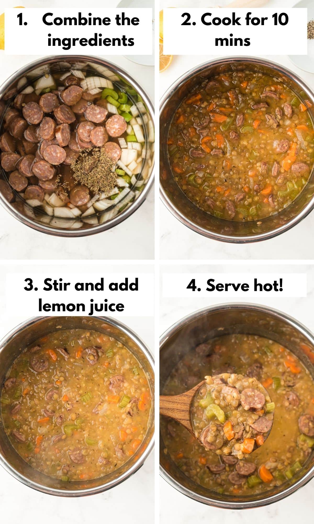 collage with photos on how to make instant pot lentil stew.