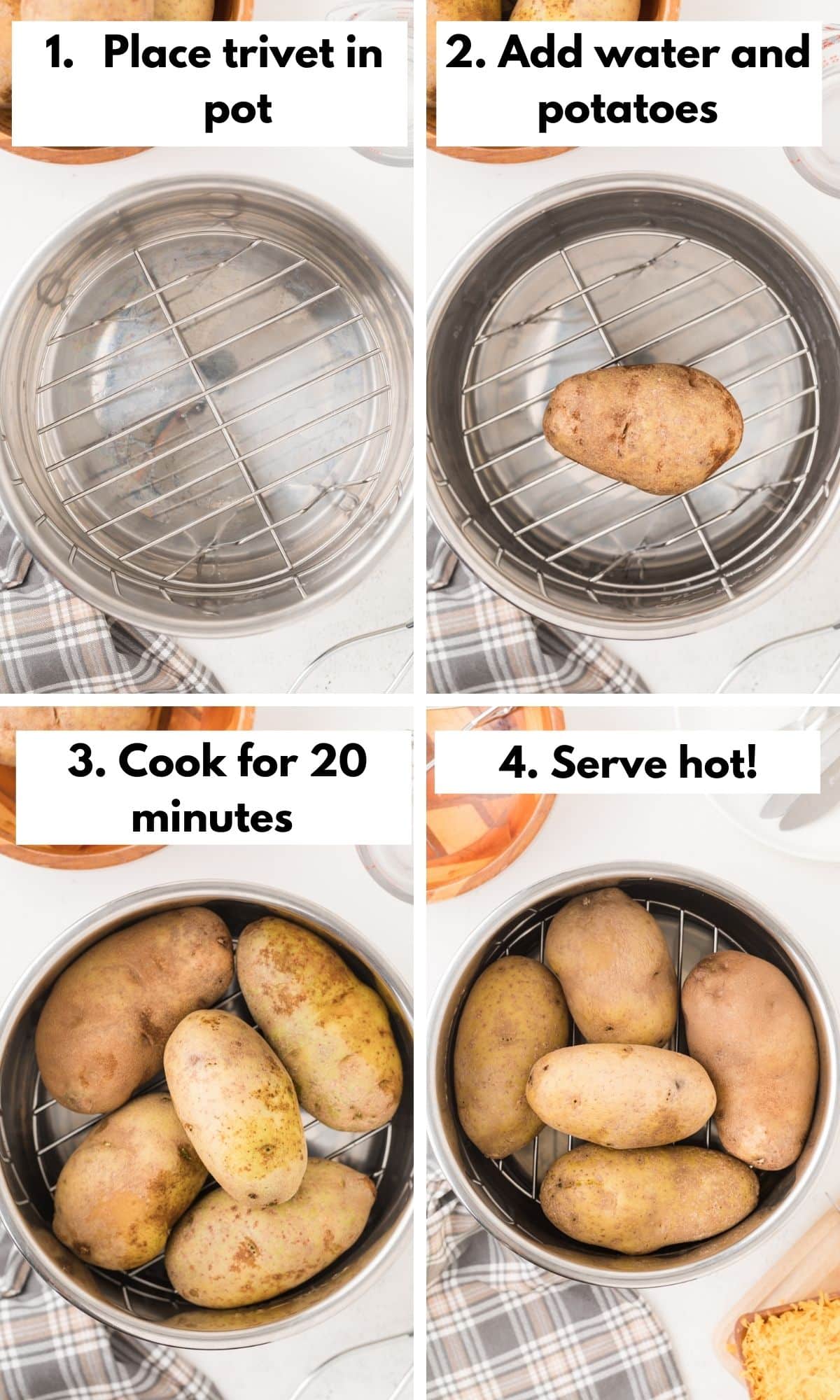 collage with process photos baked potatoes in instant pot