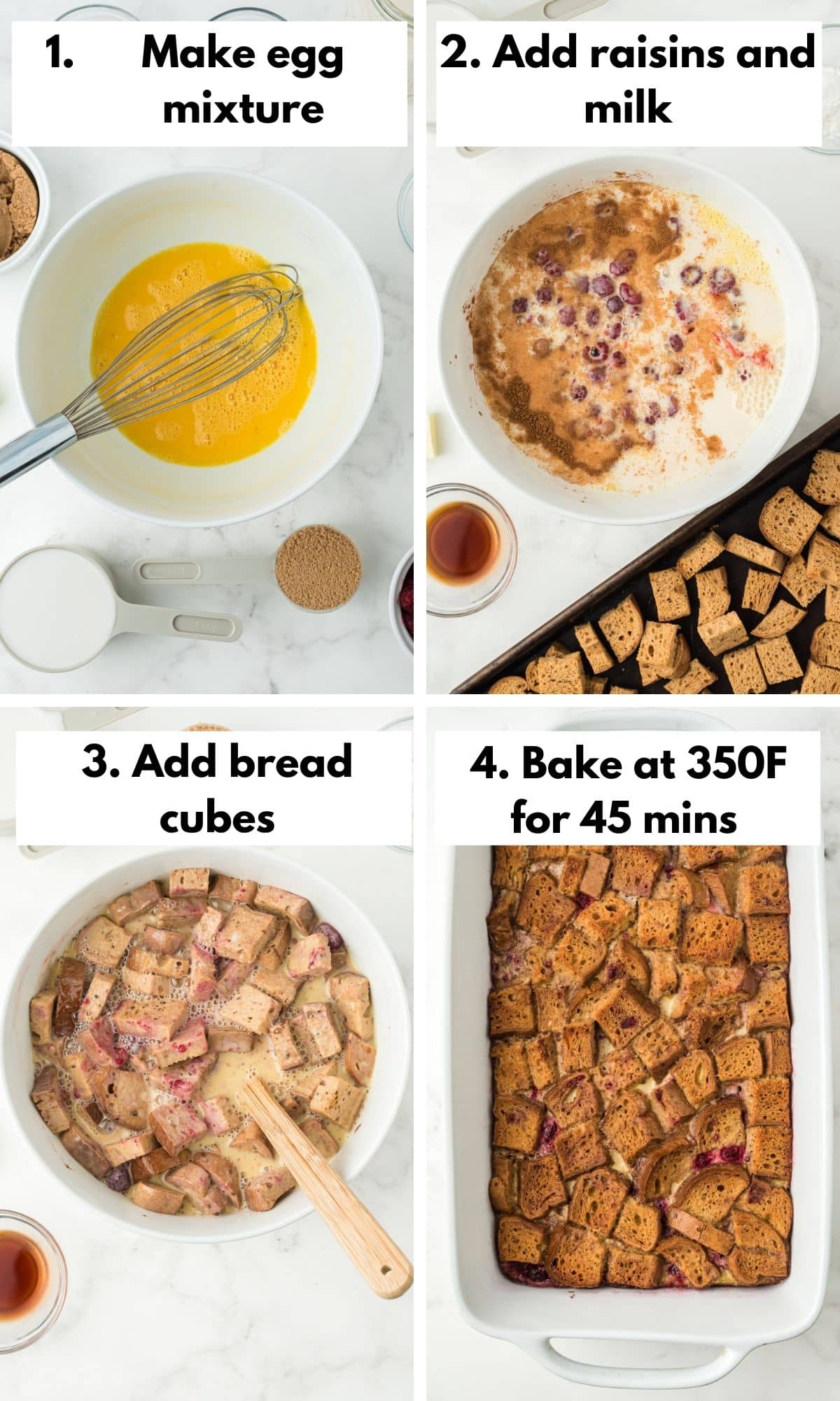 collage with process photos on how to make gluten free bread pudding.