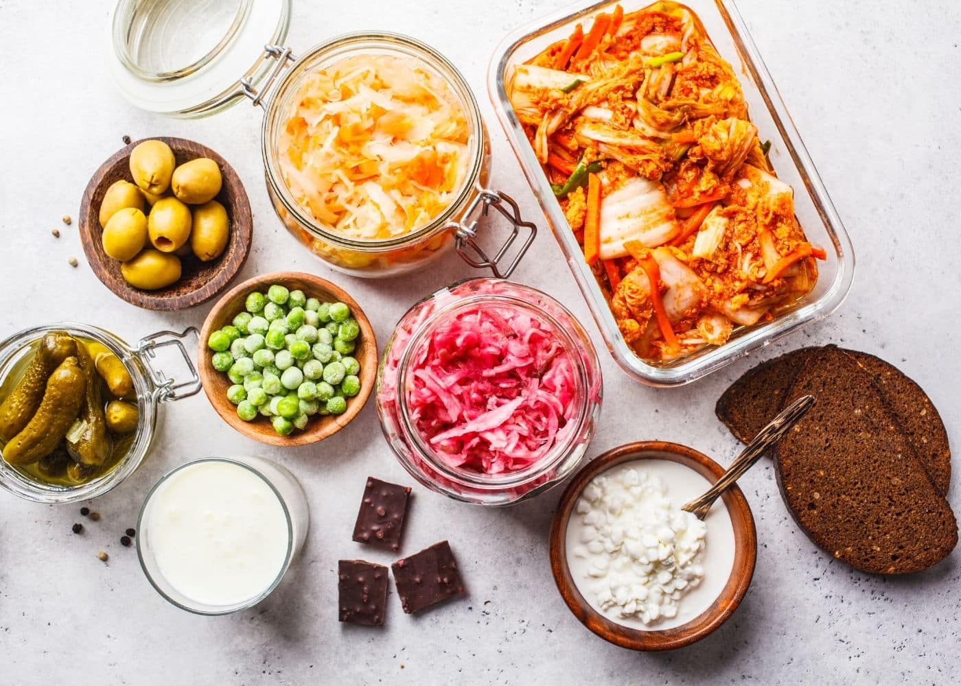 probiotic foods gathered on a table.