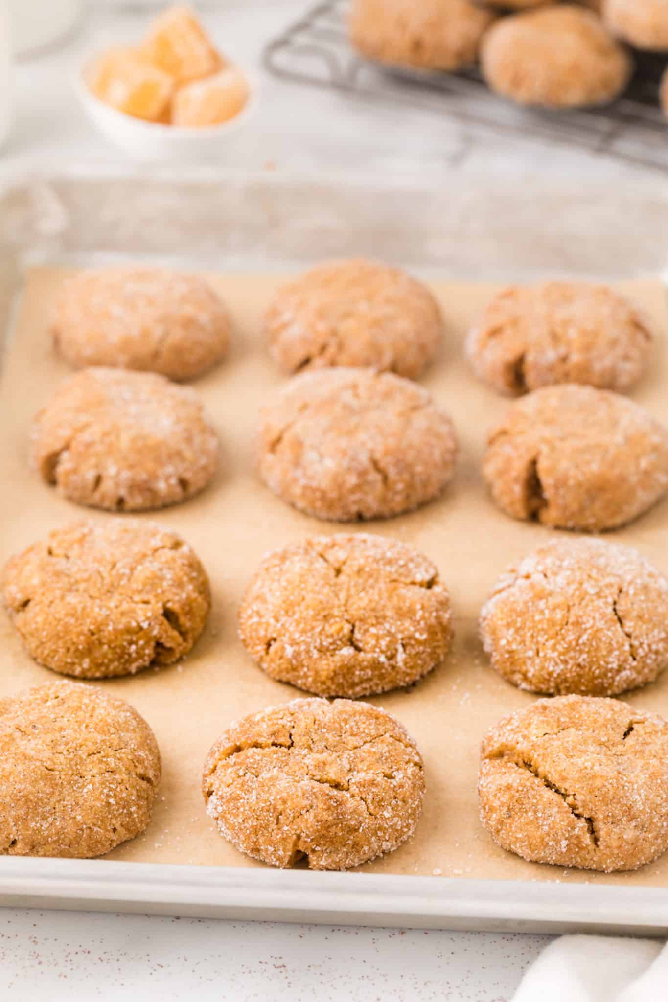 vegan gingersnap cookies cooling on the baking sheet.