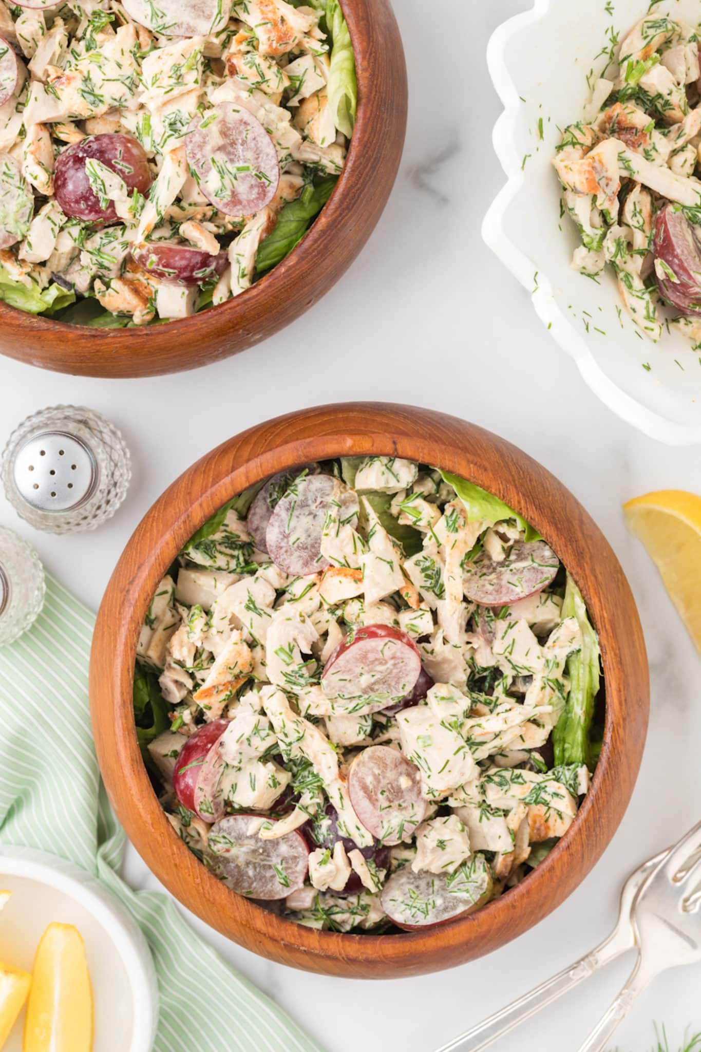 5-ingredient chicken salad in a wooden bowl.