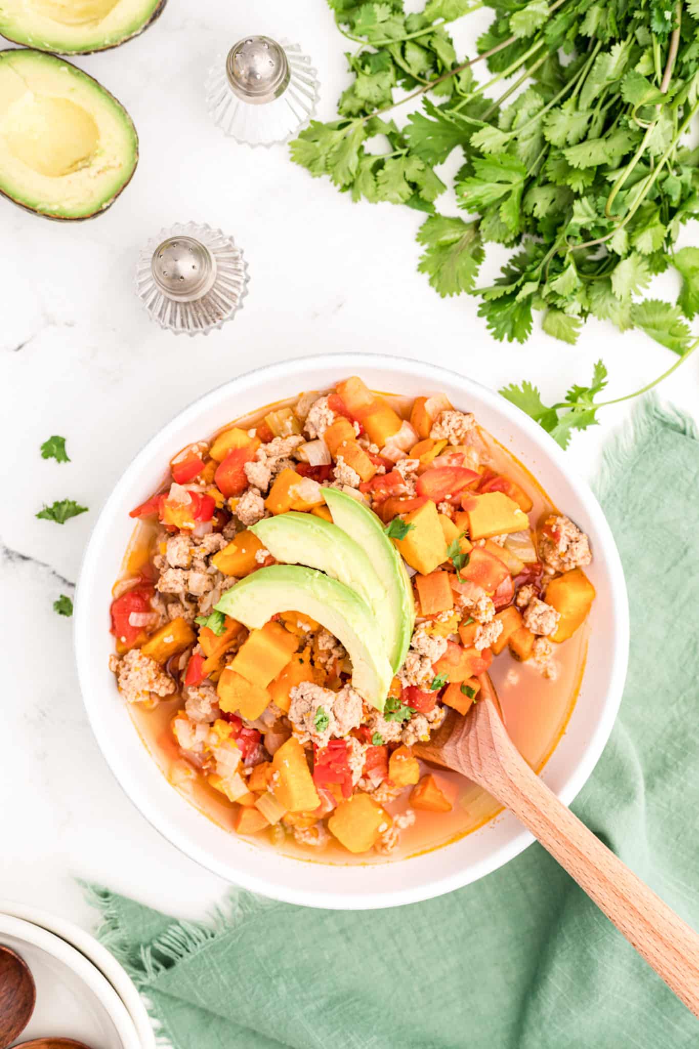 bowl of turkey chili with vegetables