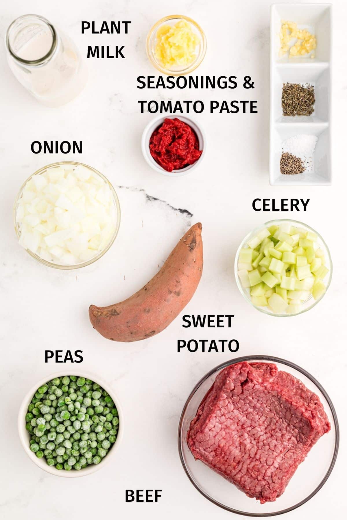 labeled ingredients for paleo sweet potato shepherds pie