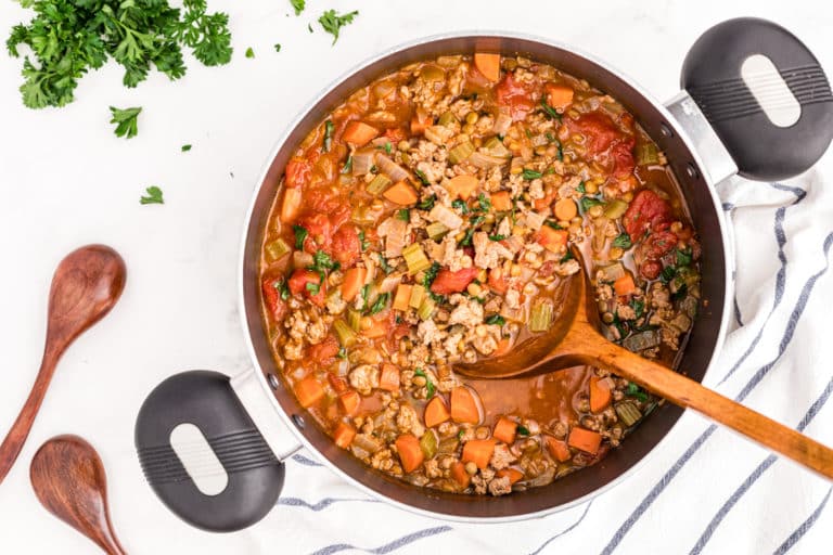 a pot of turkey lentil soup