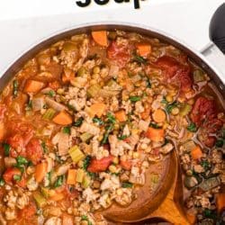 a pot of lentil turkey soup