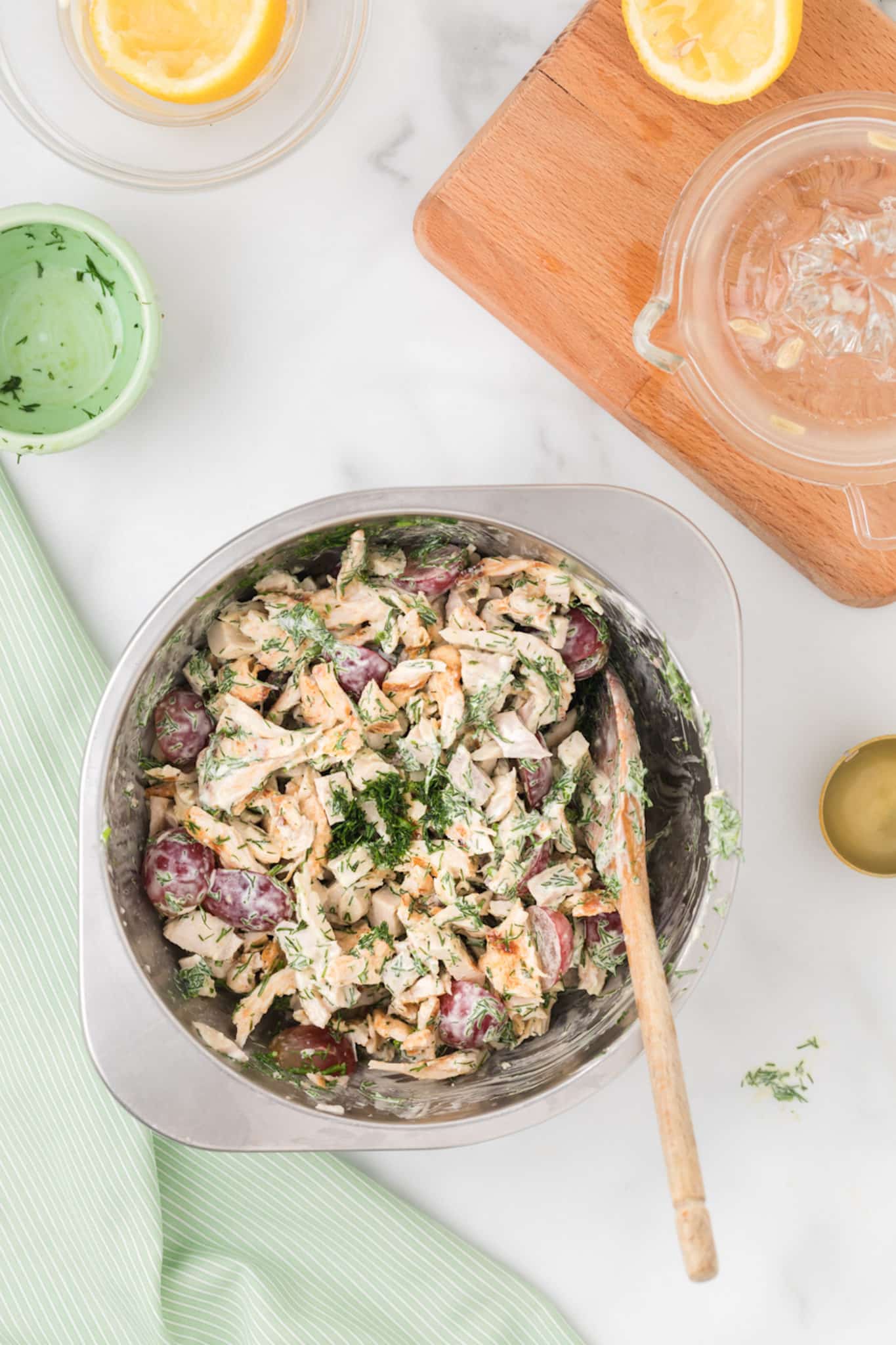 chicken salad all mixed up in bowl.