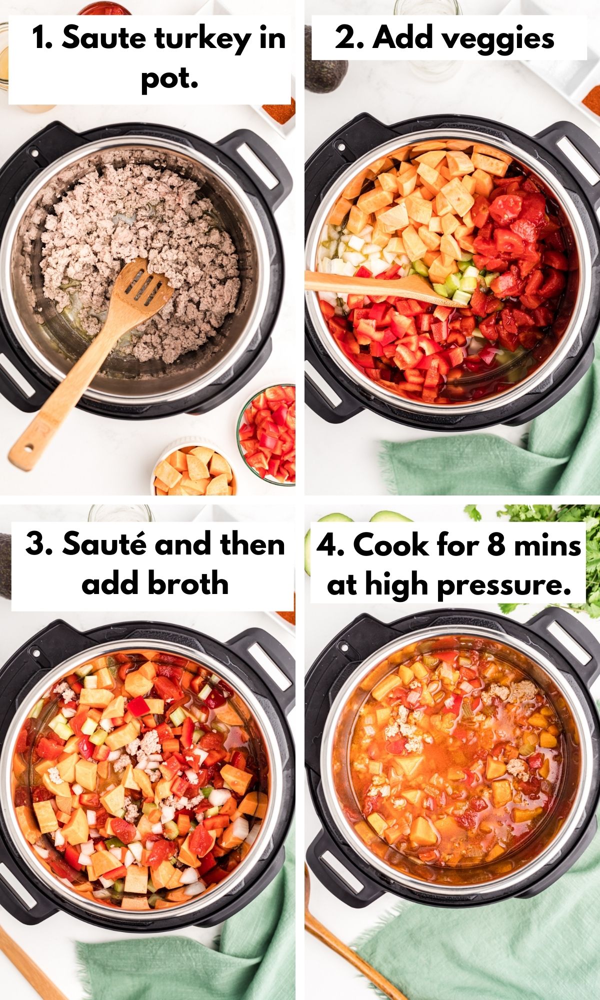 photo collage with how to make instant pot turkey chili.