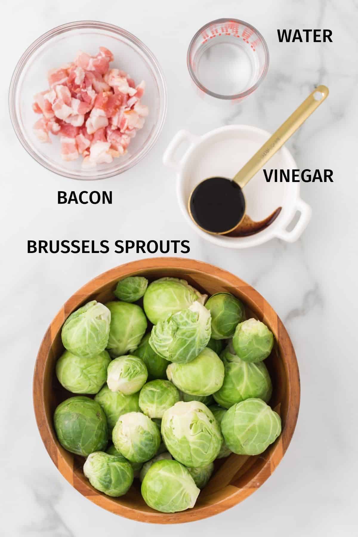 photo with labeled ingredients for air fryer brussels sprouts