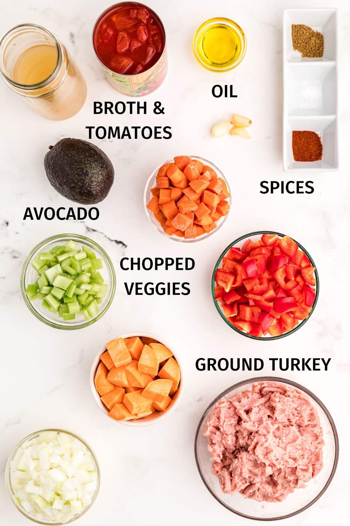 photo with labeled ingredients for instant pot turkey chili