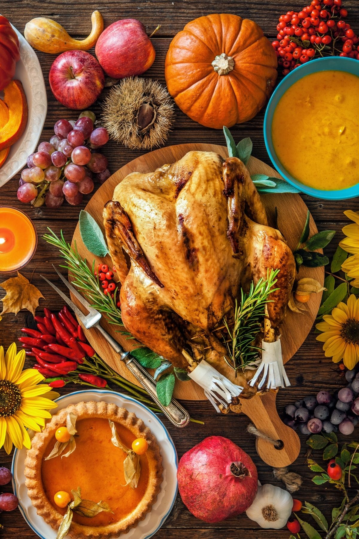 beautiful display of thanksgiving foods on a tabletop