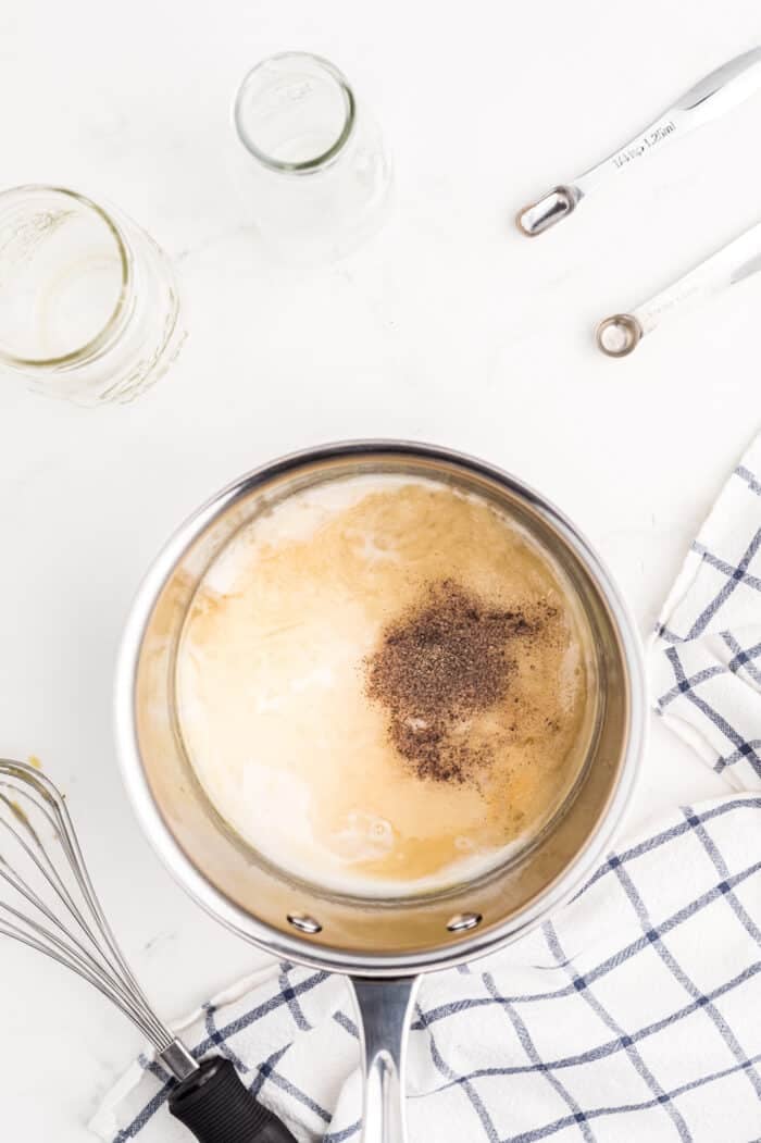 ingredients in saucepan for making gluten and dairy-free cream of chicken soup.