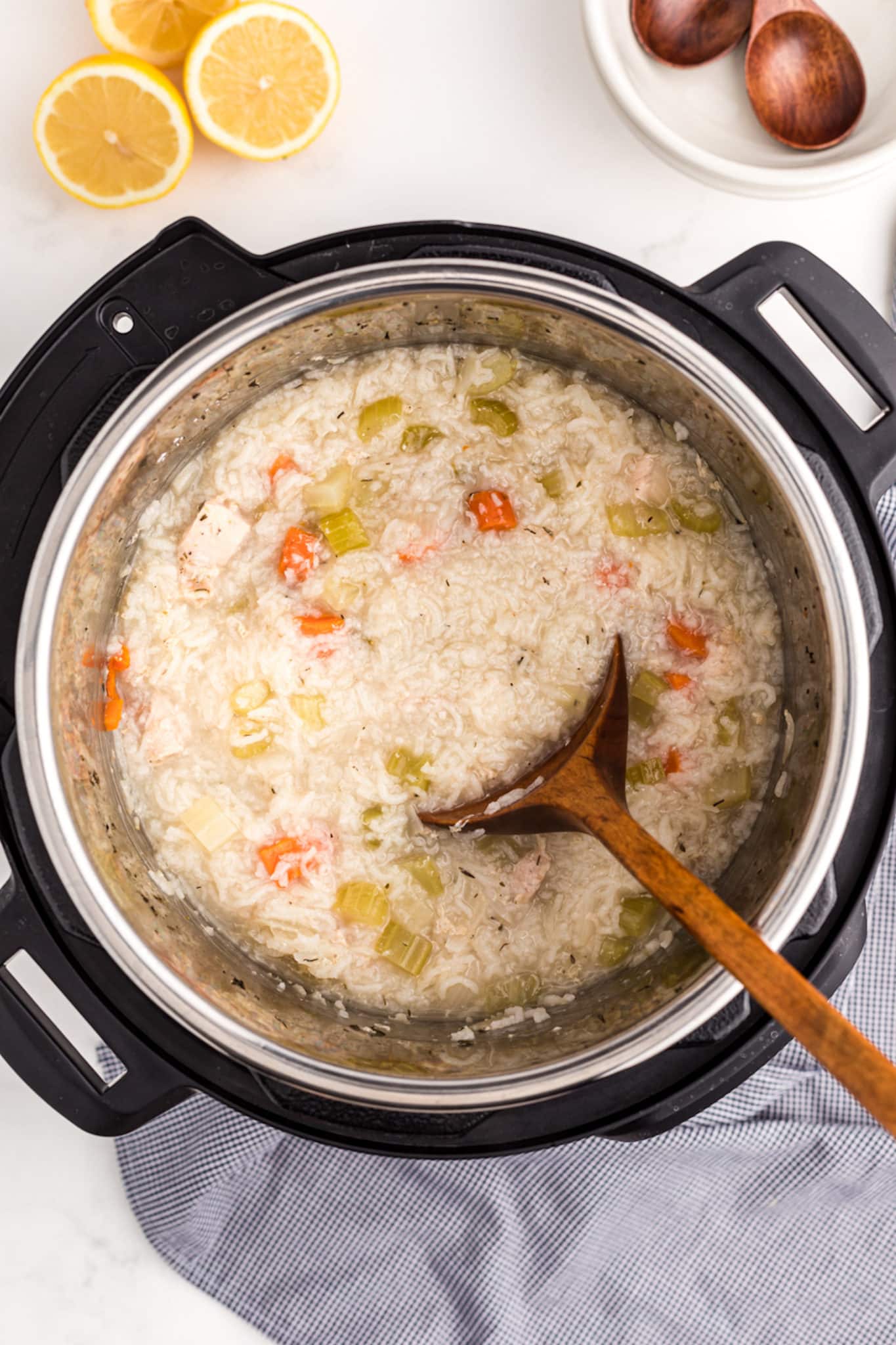 cooked chicken rice soup inside instant pot.