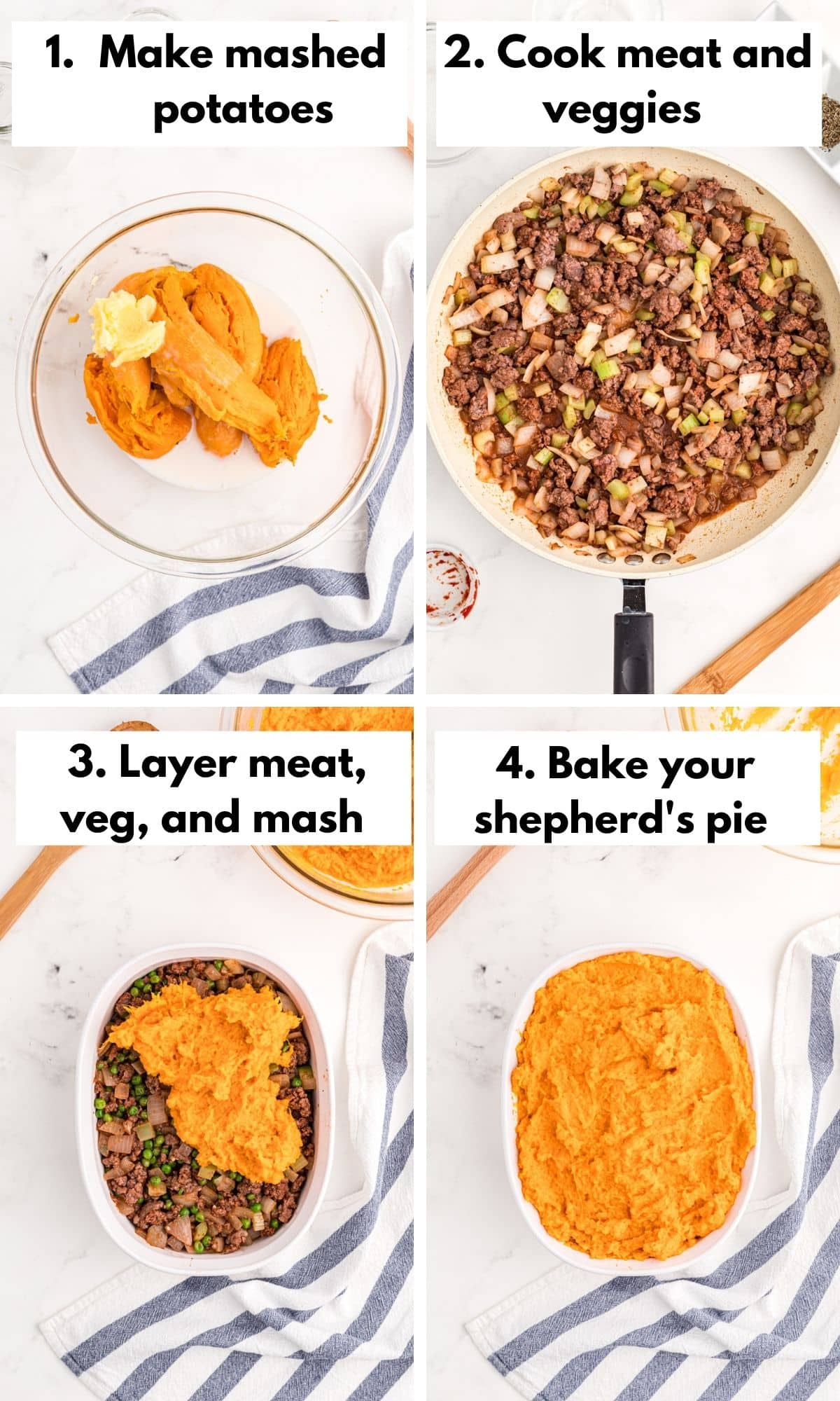 process photos for how to make sweet potato shepherd's pie
