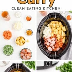 slow cooker sausage curry recipe pin.