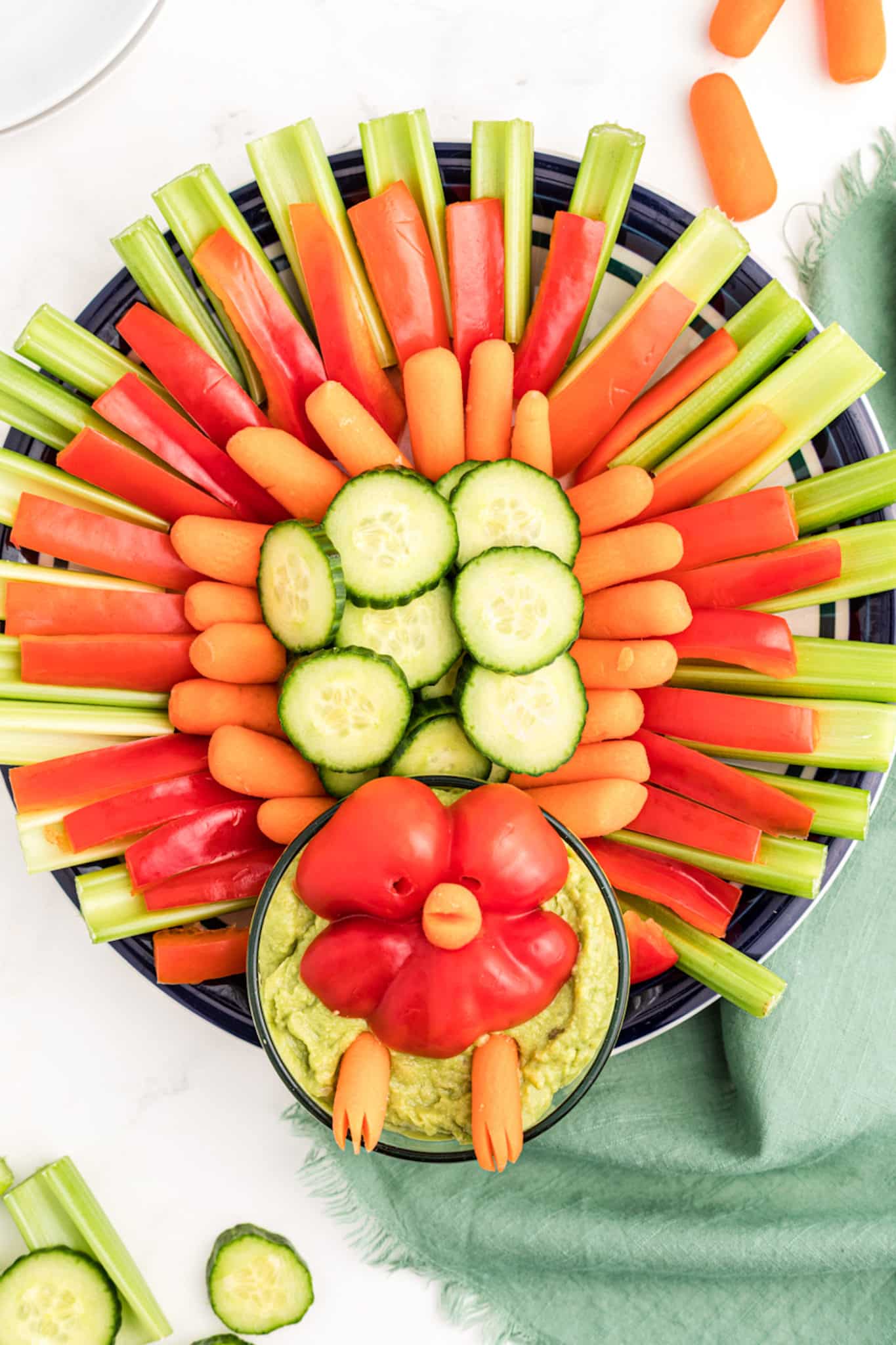 vegetable tray in the shape of a turkey.