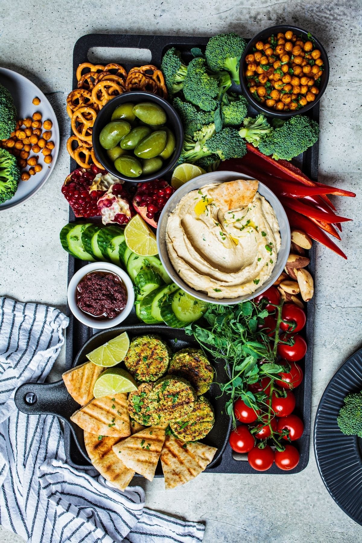 overhead photo of vegan charcuterie board with veggies.