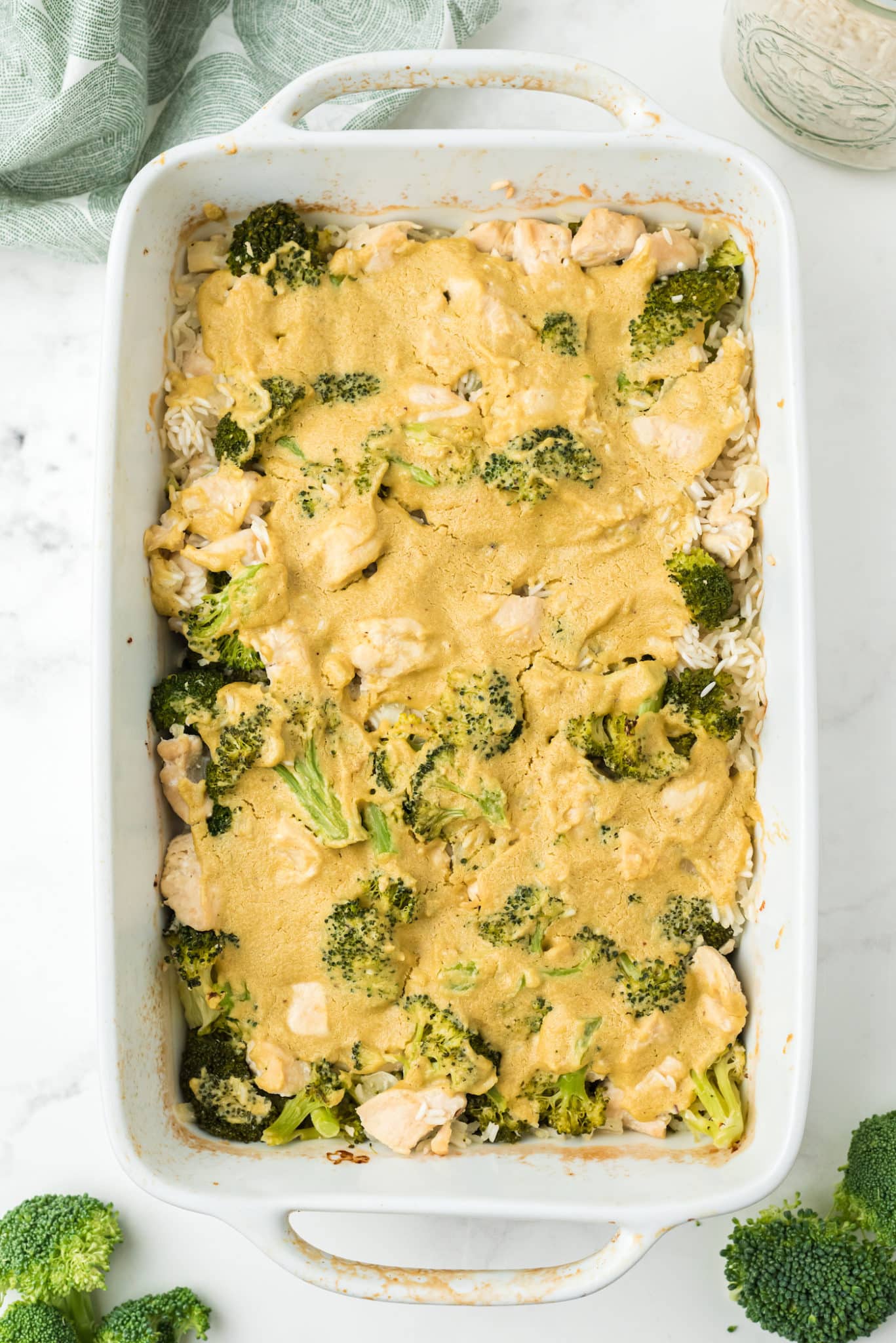 chicken and rice casserole baked in a pan.