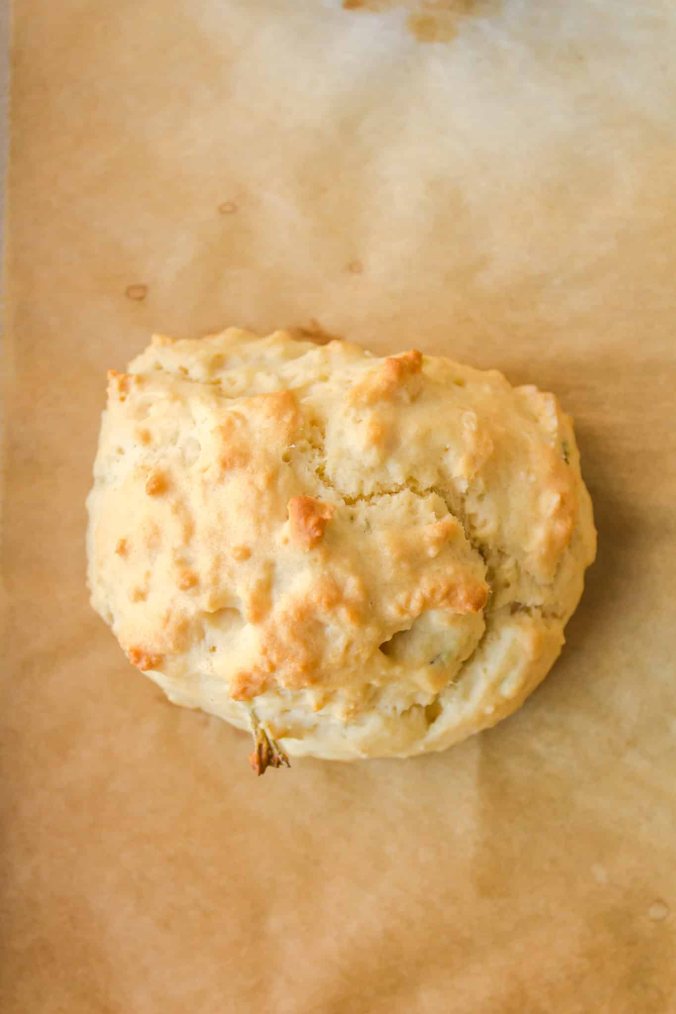 cooked gluten-free dairy-free biscuit on baking sheet.