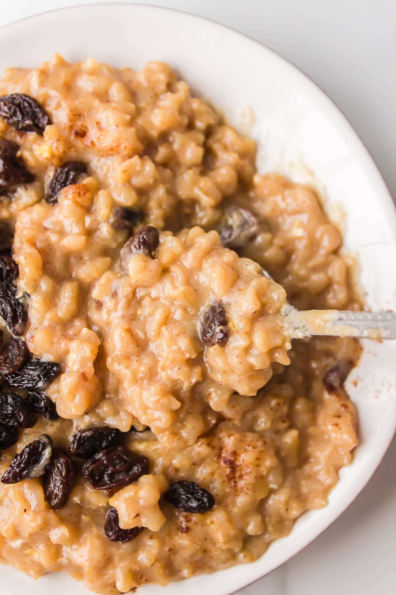 brown rice pudding texture in a bowl with raisins.