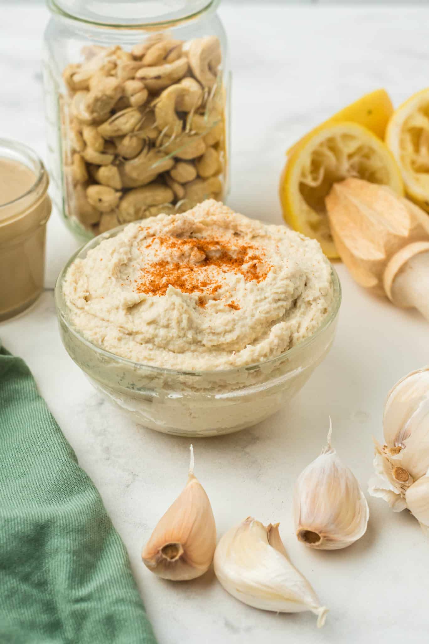 a bowl of cashew hummus