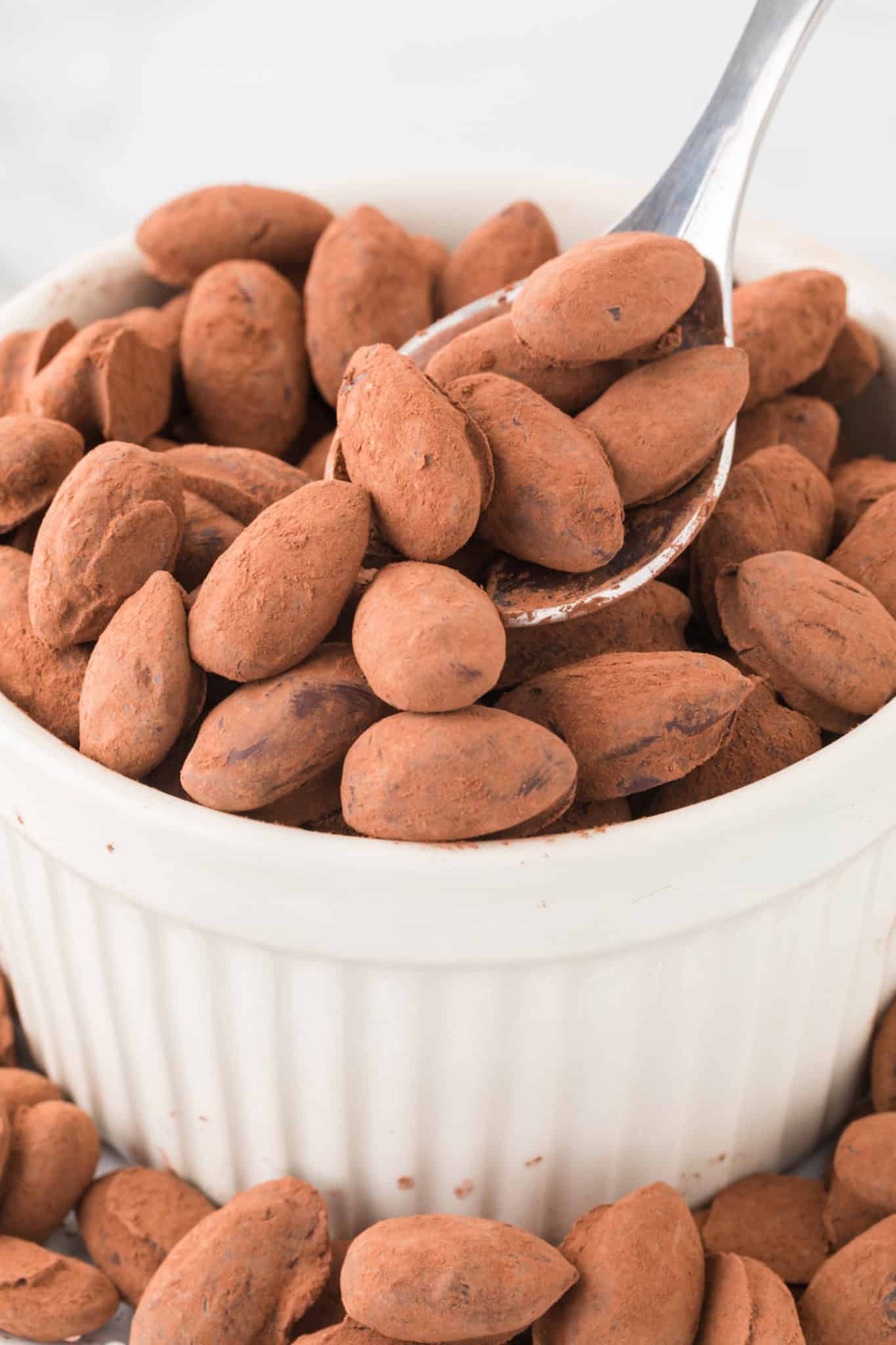 a bowl of vegan chocolate covered almonds.