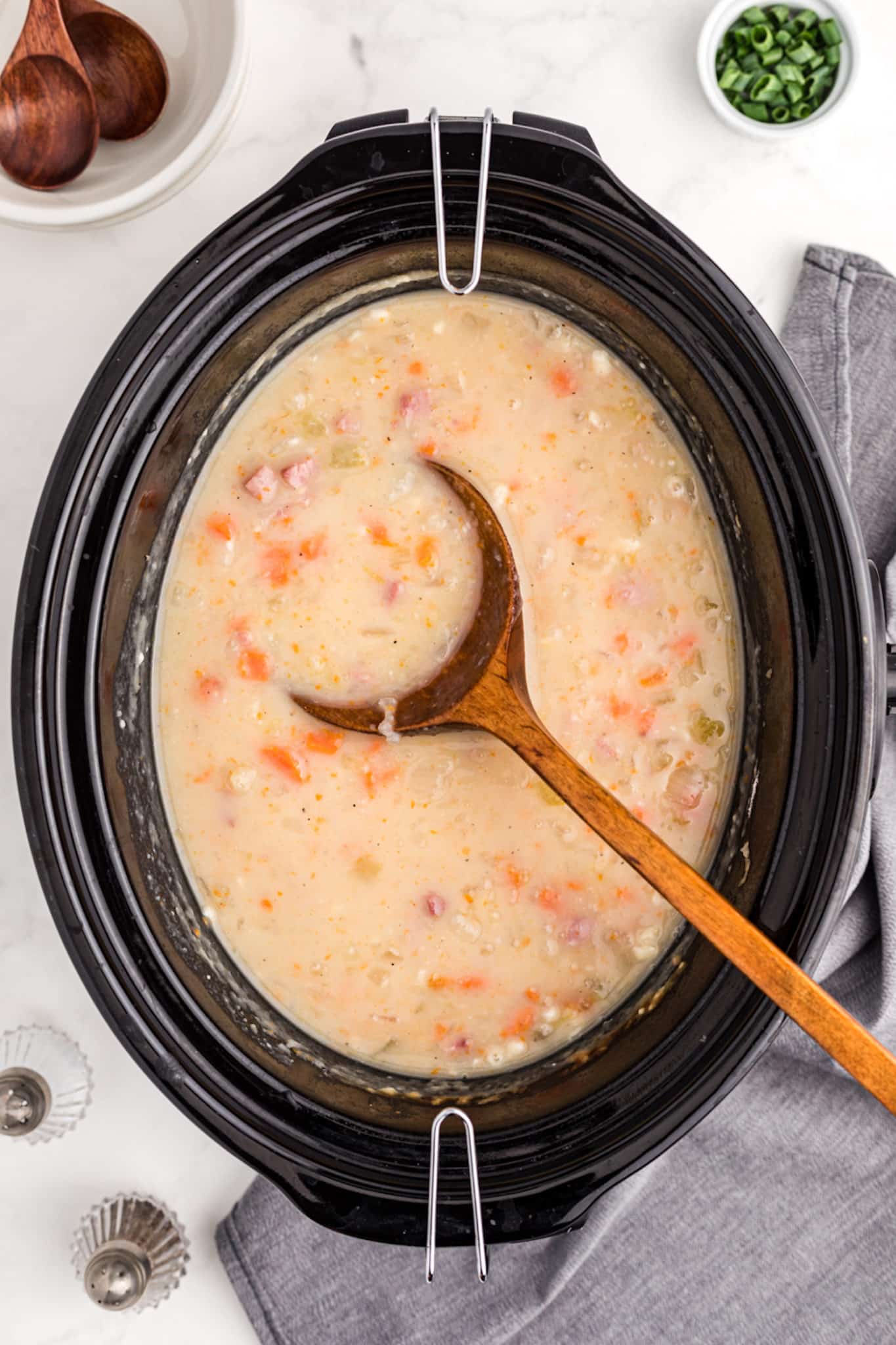 cooked ham and potato soup in crockpot.